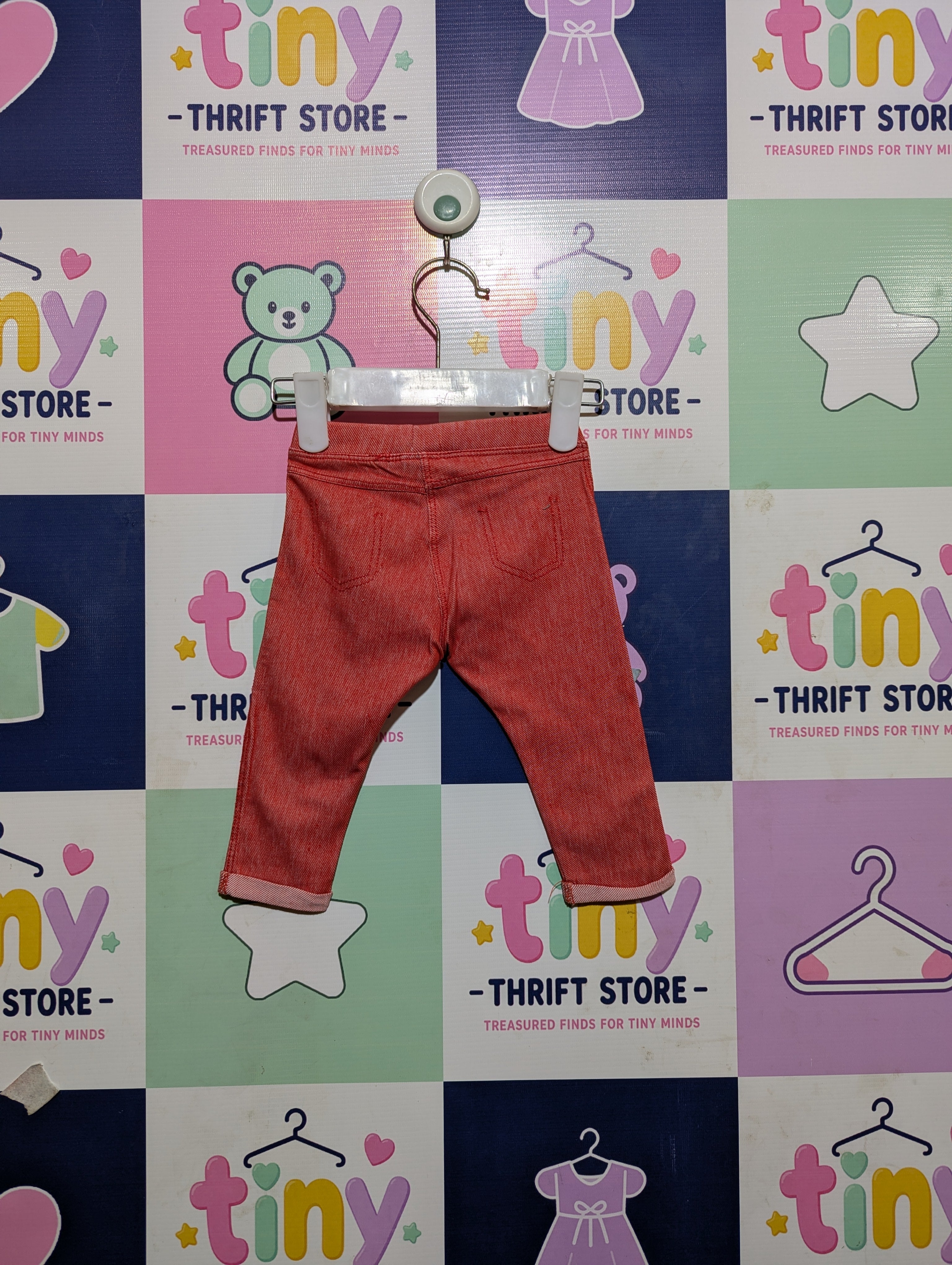 Zara BabyGirl Coral Orange Denim-Look Pull-On Capri Pants - Size 3-6 Months Estimated Age 3-6 Months AB2