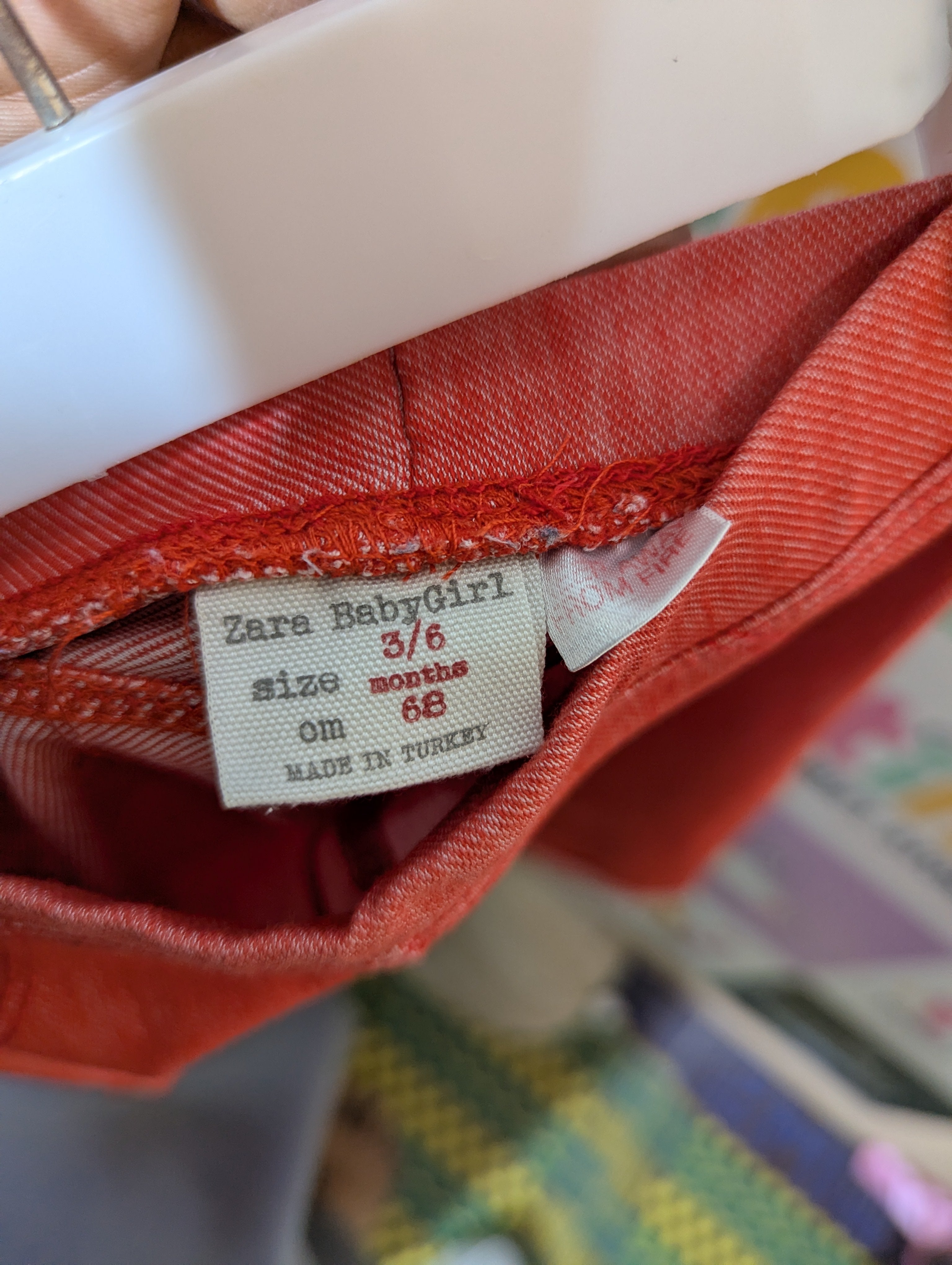 Zara BabyGirl Coral Orange Denim-Look Pull-On Capri Pants - Size 3-6 Months Estimated Age 3-6 Months AB2
