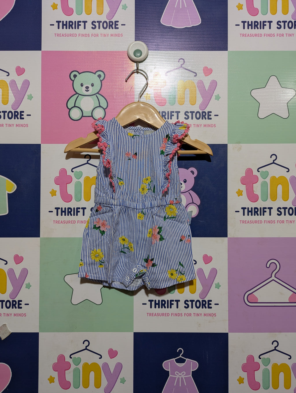 Primark Baby Girls Blue & White Striped Floral Romper - Size 62 CM Estimated Age 0-3 Months AB2