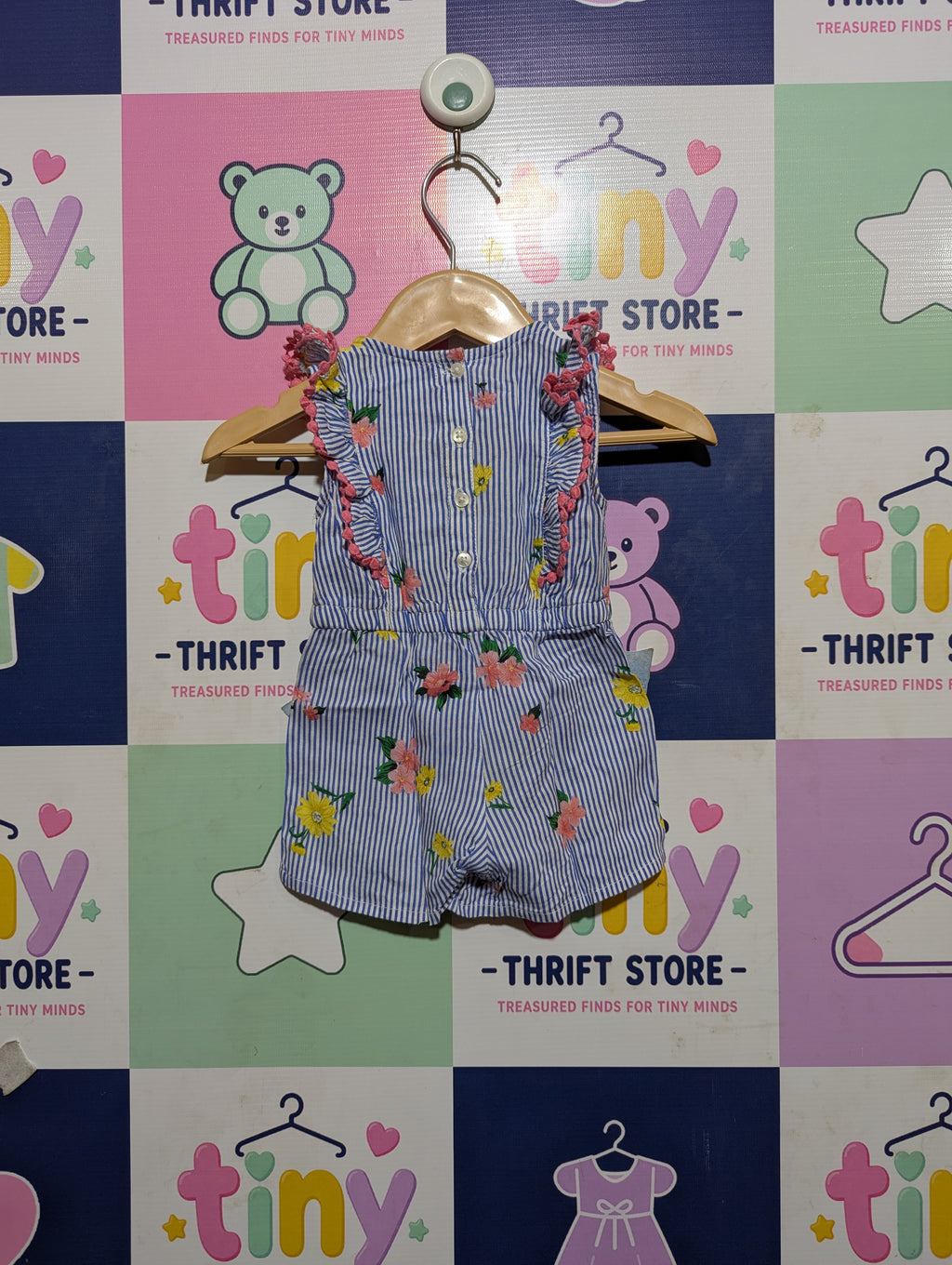 Primark Baby Girls Blue & White Striped Floral Romper - Size 62 CM Estimated Age 0-3 Months AB2