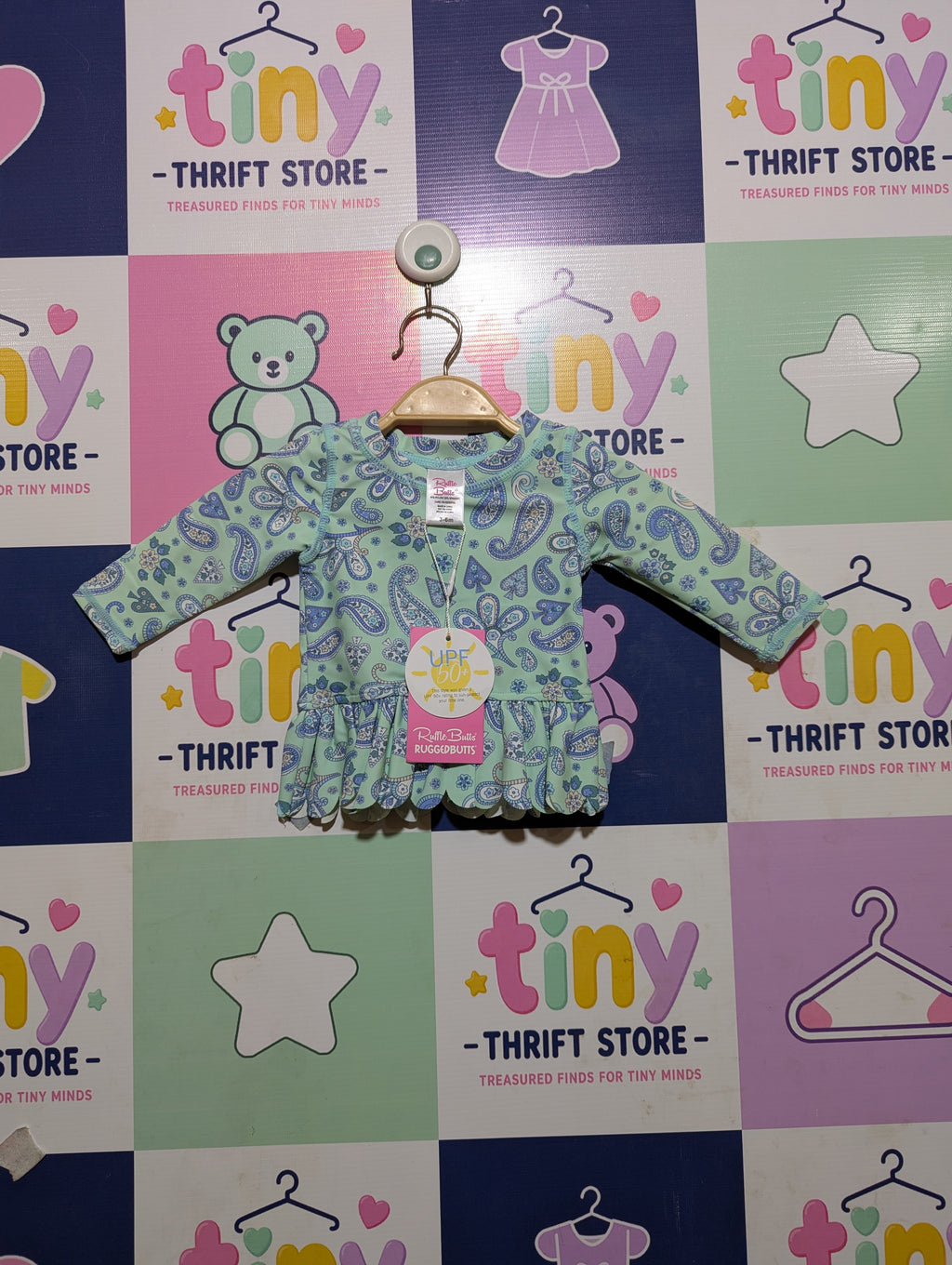 RuffleButts Baby Girls Sea Glass "Sea Glass Paisley" Long Sleeve Rash Guard - Size Estimated Age 3-6 Months AB2