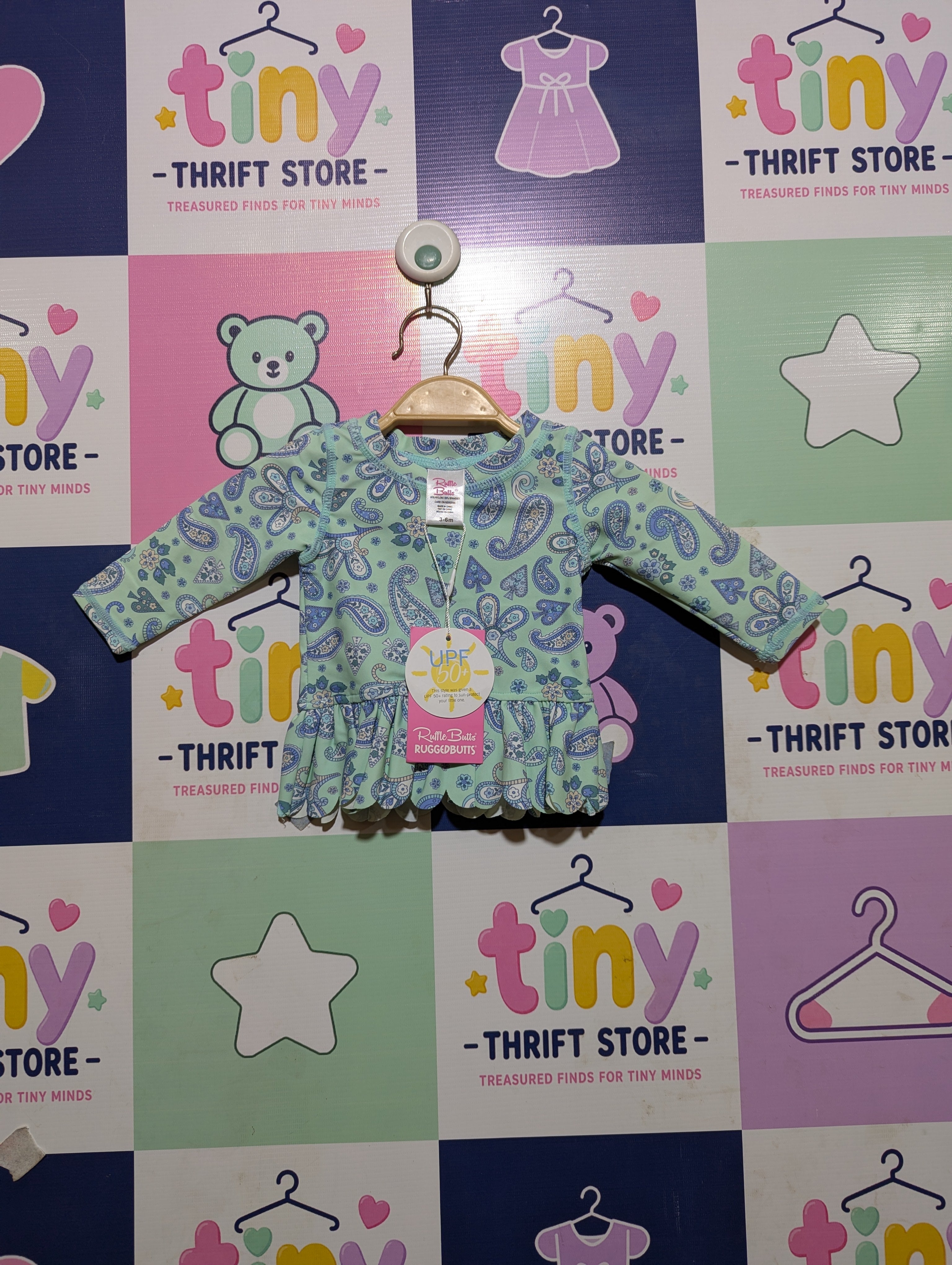 RuffleButts Baby Girls Sea Glass "Sea Glass Paisley" Long Sleeve Rash Guard - Size Estimated Age 3-6 Months AB2