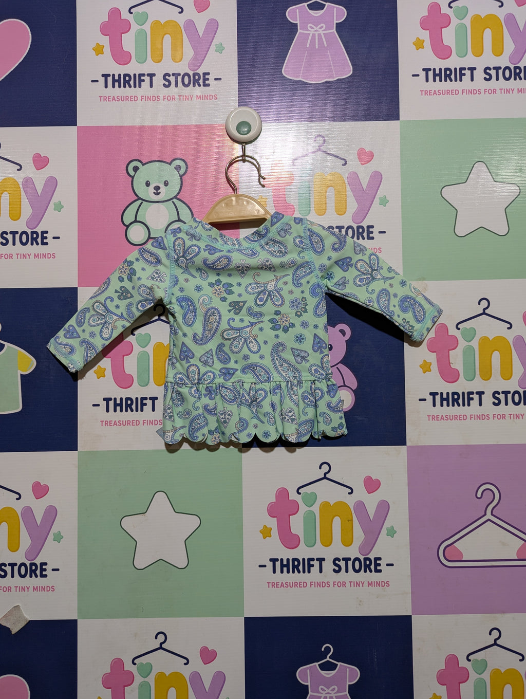 RuffleButts Baby Girls Sea Glass "Sea Glass Paisley" Long Sleeve Rash Guard - Size Estimated Age 3-6 Months AB2
