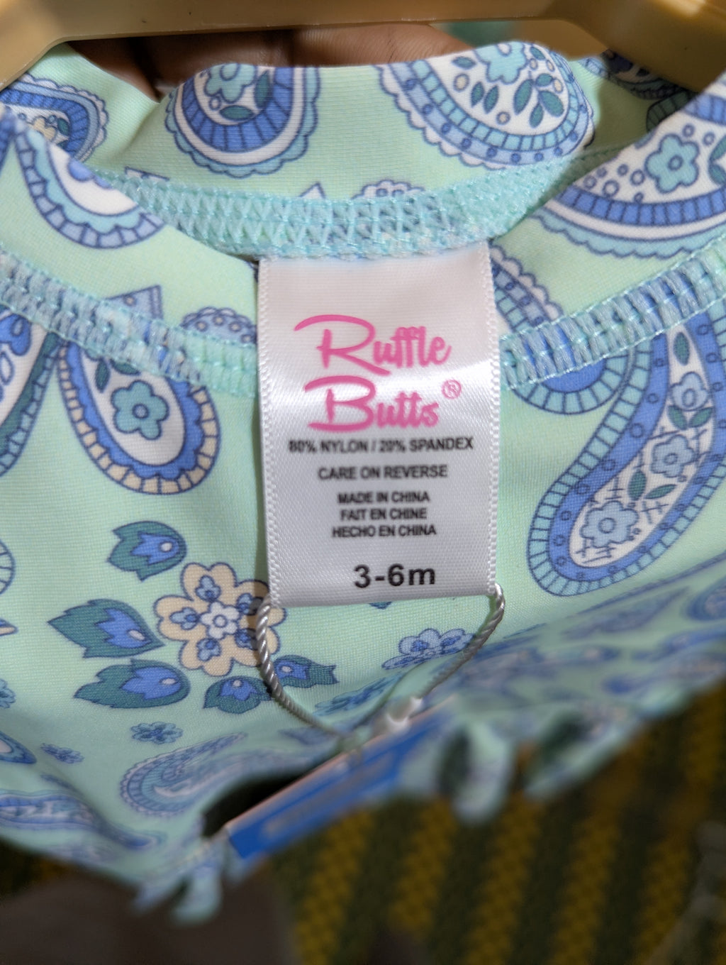 RuffleButts Baby Girls Sea Glass "Sea Glass Paisley" Long Sleeve Rash Guard - Size Estimated Age 3-6 Months AB2