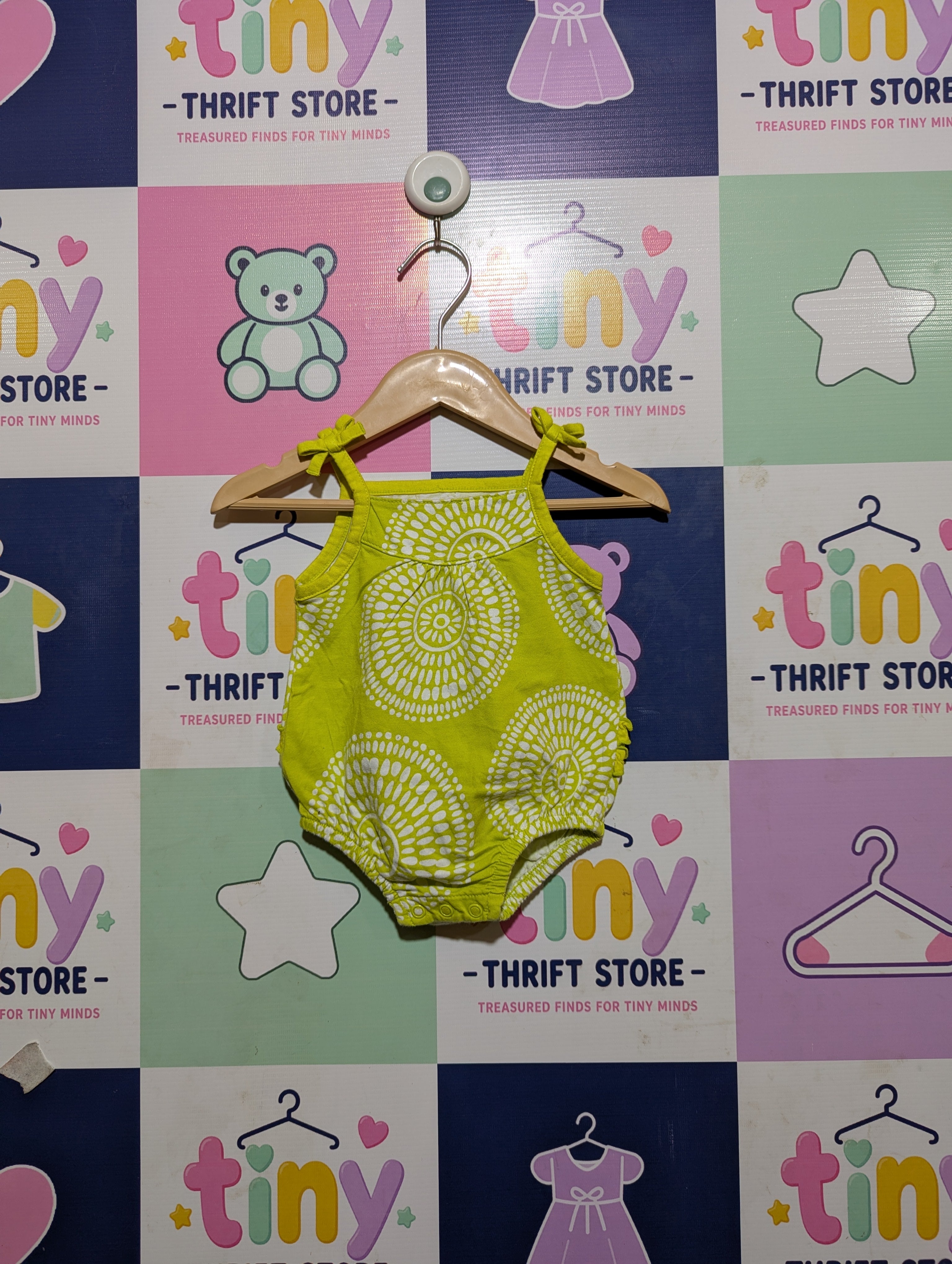 Just One You Made by Carter's Baby Girls Lime Green Circle Pattern Ruffle Romper - Size Estimated Age 3 Months AB2