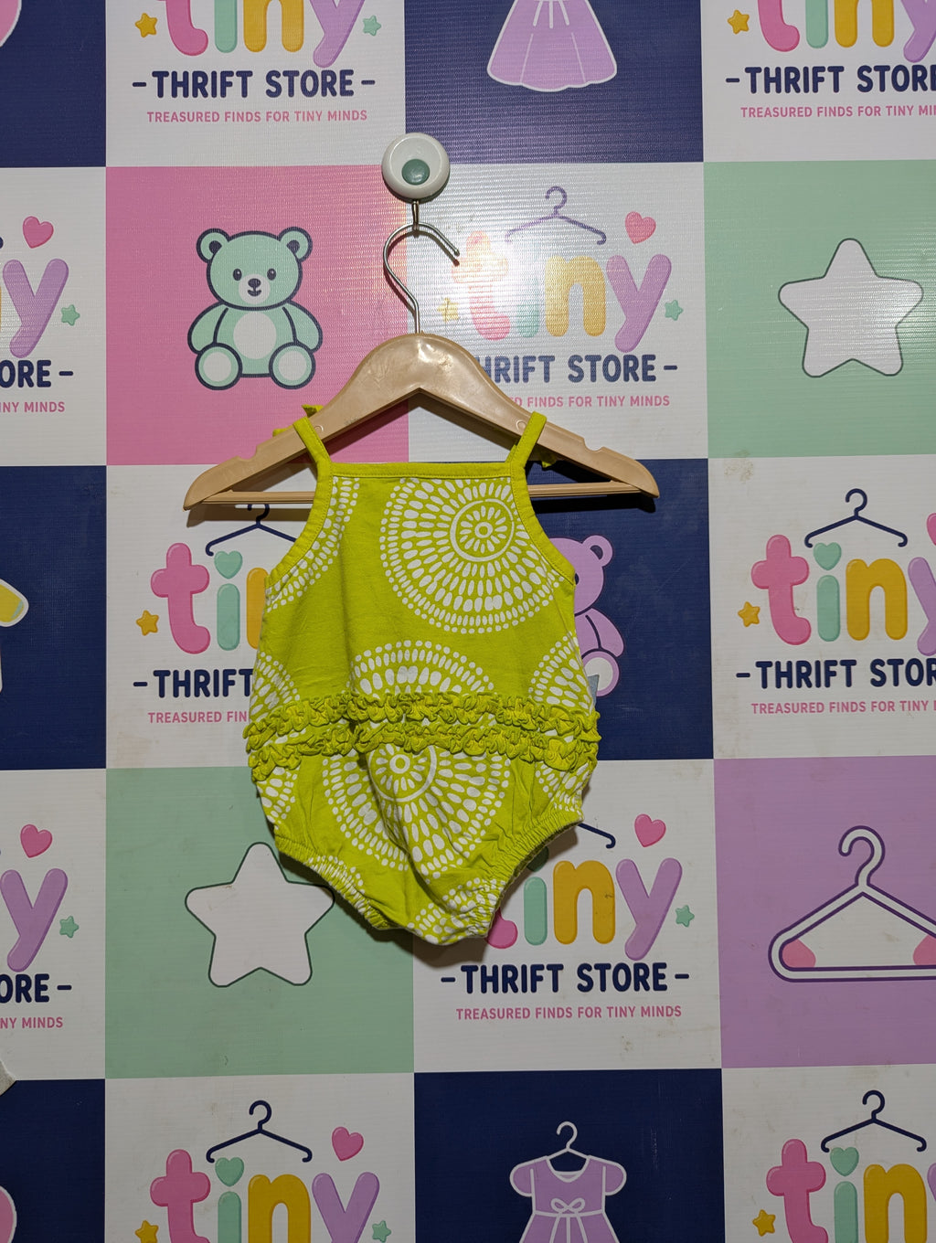 Just One You Made by Carter's Baby Girls Lime Green Circle Pattern Ruffle Romper - Size Estimated Age 3 Months AB2