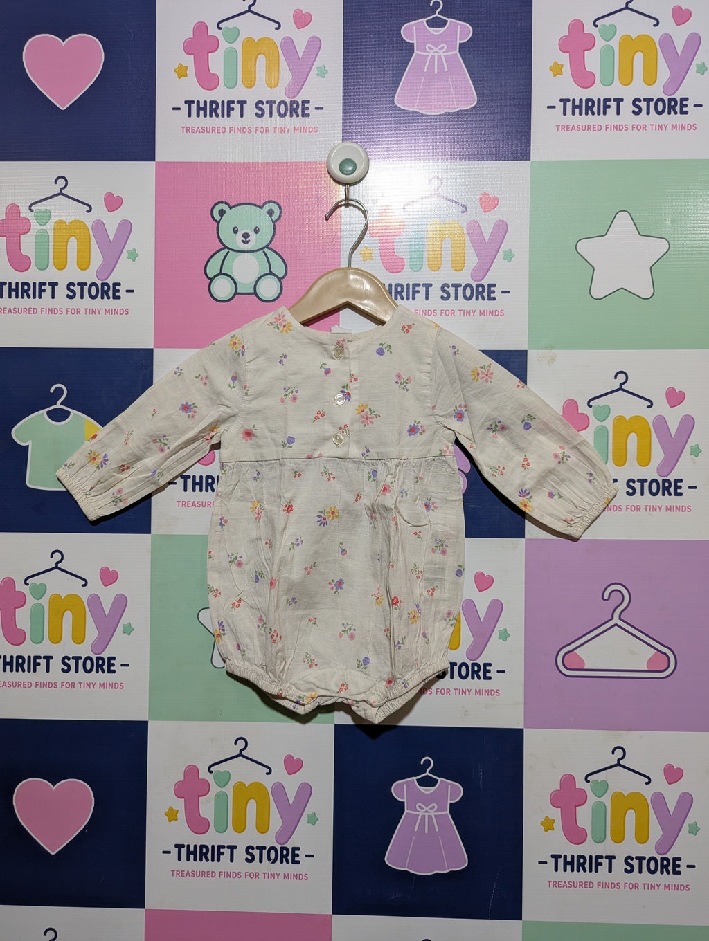 H&M Baby Girls Off-White Floral Long-Sleeve Bubble Romper - Size 74 CM Estimated Age 6-9 Months AB2