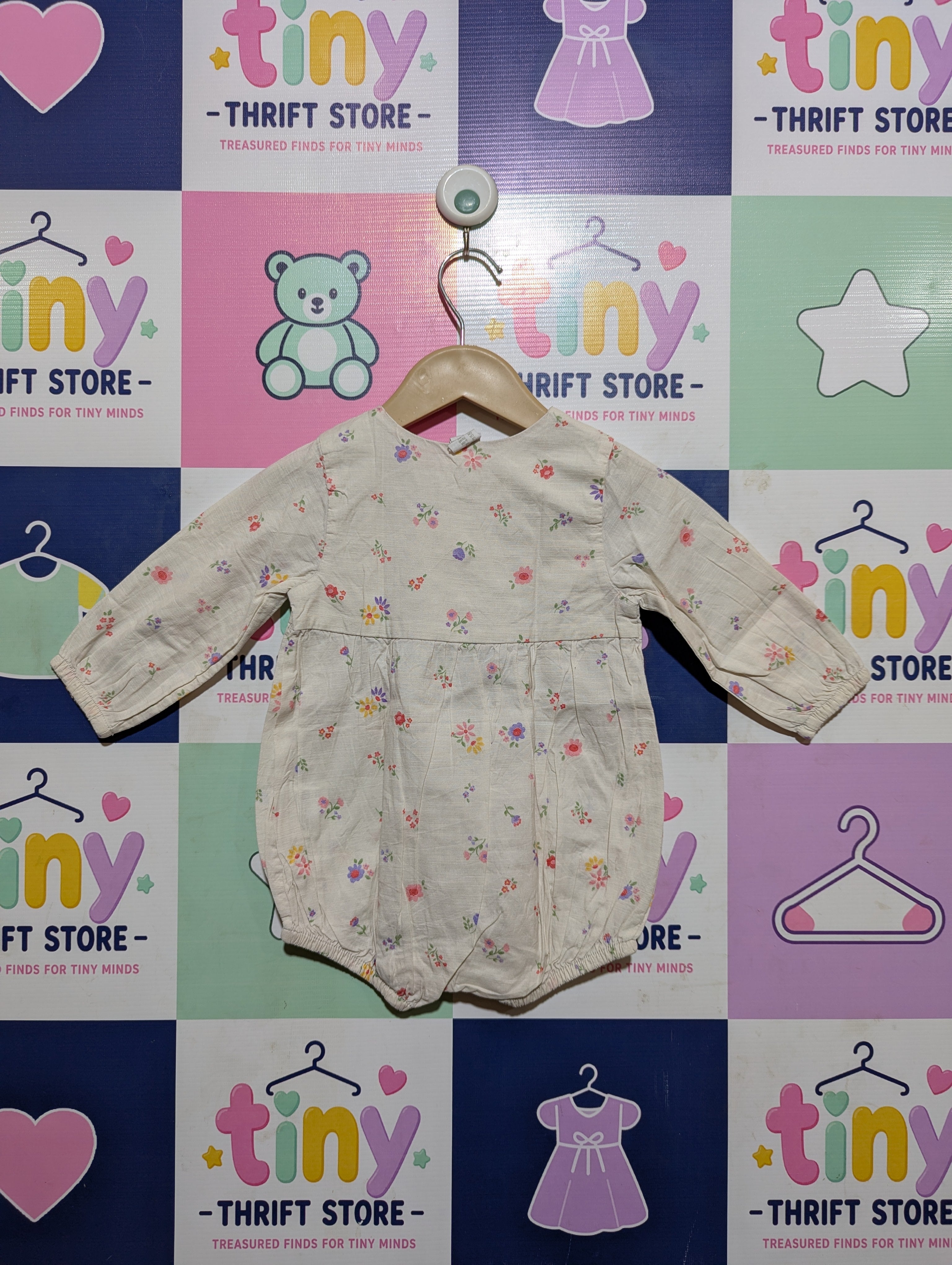 H&M Baby Girls Off-White Floral Long-Sleeve Bubble Romper - Size 74 CM Estimated Age 6-9 Months AB2