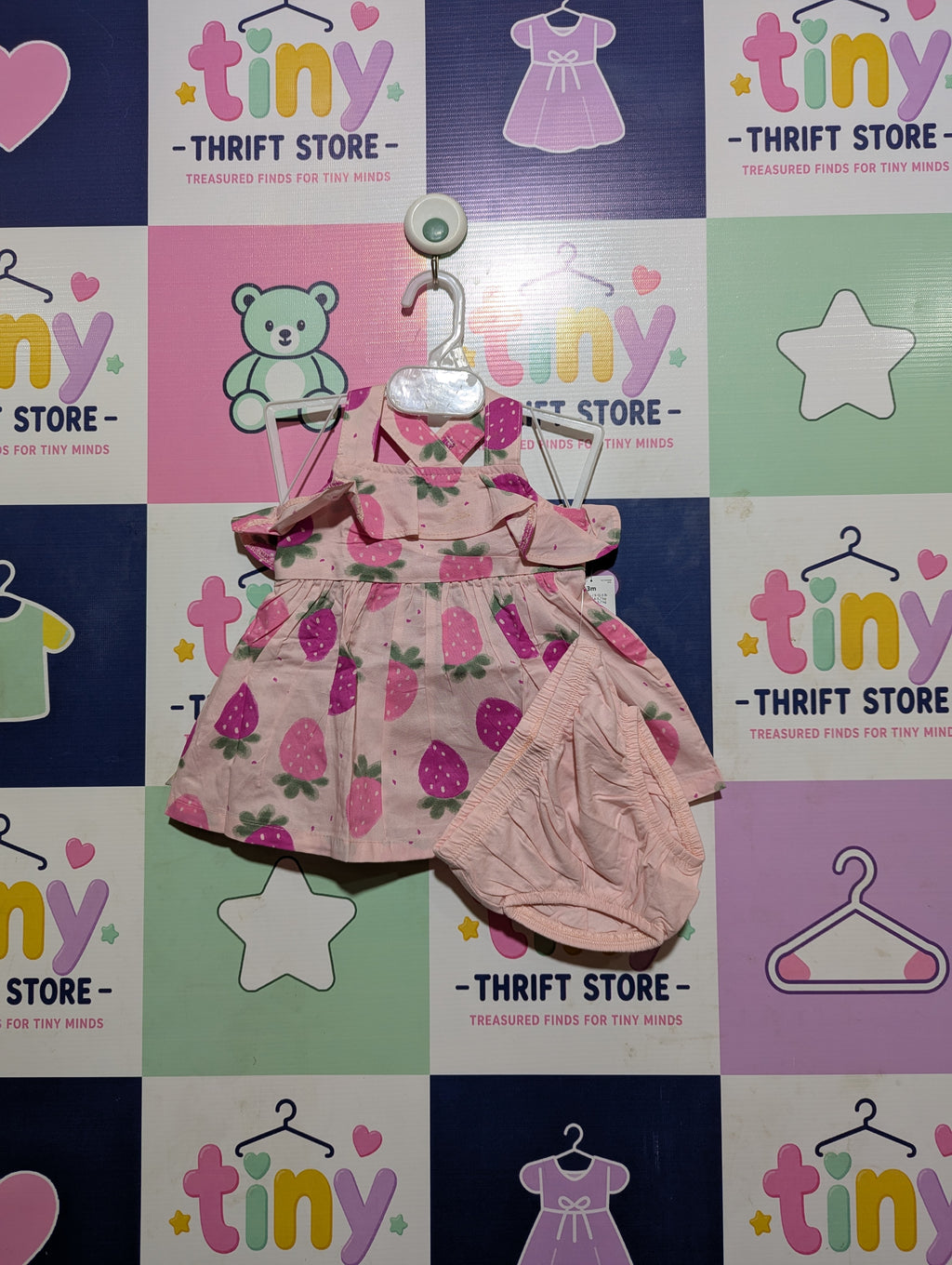 Carter's Just One You Baby Girls Pink Strawberry Print Dress & Bloomer Set - Size Estimated Age 3 Months AB2