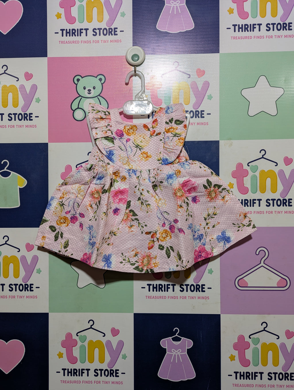 Nannette Baby Girls Pink Floral Print Seersucker Dress - Size Estimated Age 3-6 Months AB2