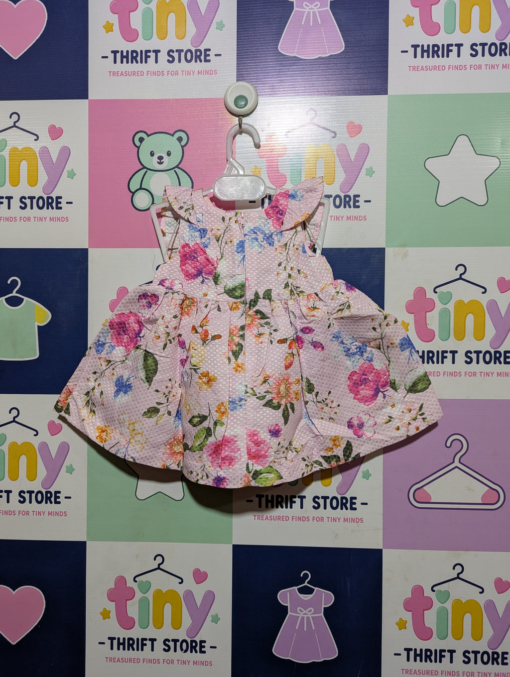 Nannette Baby Girls Pink Floral Print Seersucker Dress - Size Estimated Age 3-6 Months AB2
