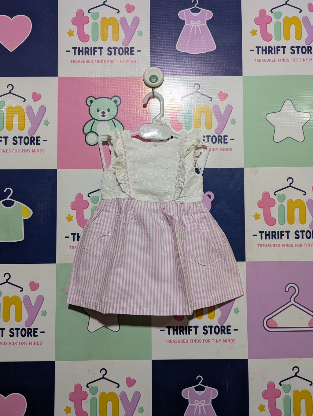 Wonder Nation Baby Girls White & Pink Striped Eyelet Dress - Size Estimated Age 3-6 Months AB2