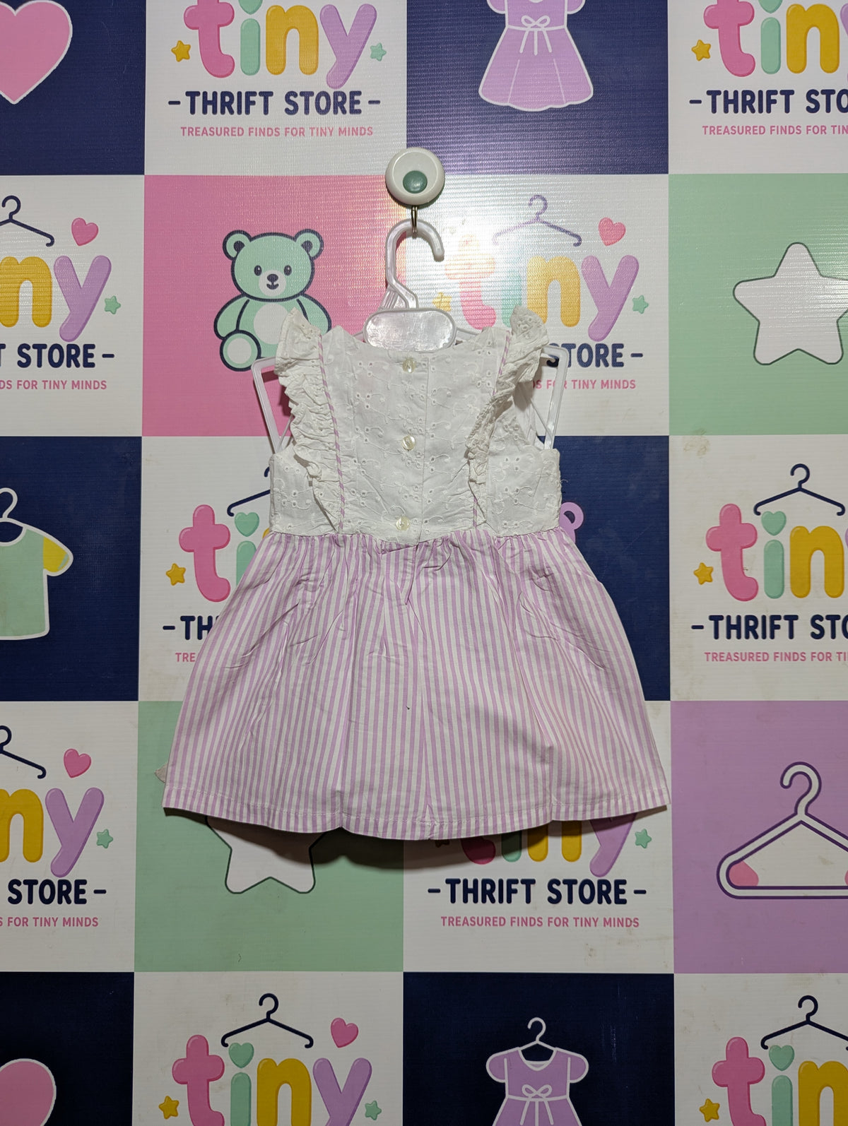 Wonder Nation Baby Girls White & Pink Striped Eyelet Dress - Size Estimated Age 3-6 Months AB2