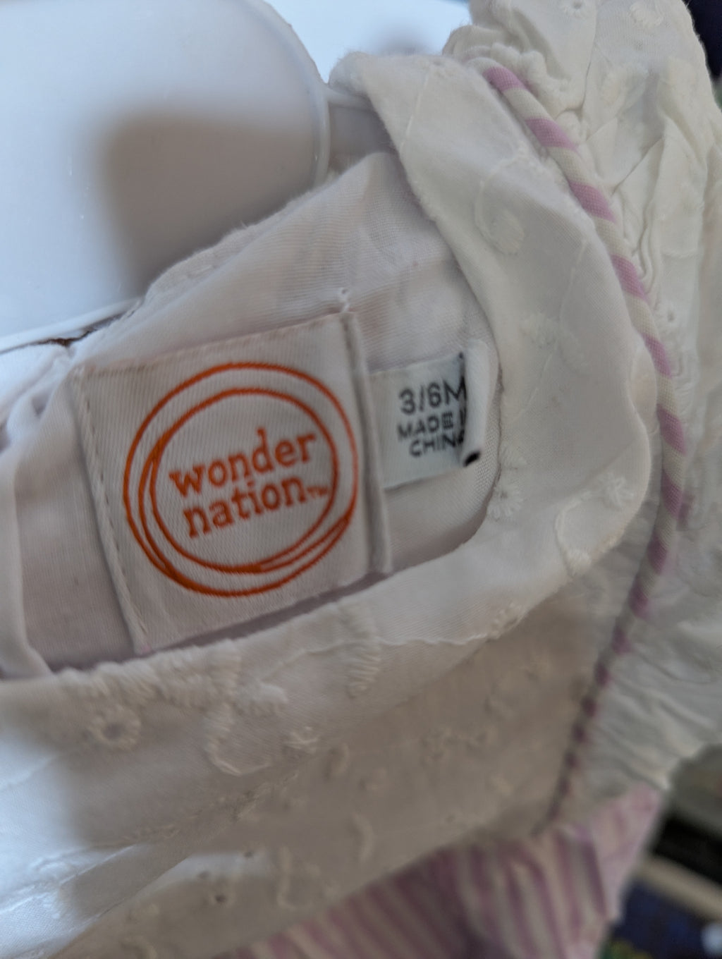 Wonder Nation Baby Girls White & Pink Striped Eyelet Dress - Size Estimated Age 3-6 Months AB2