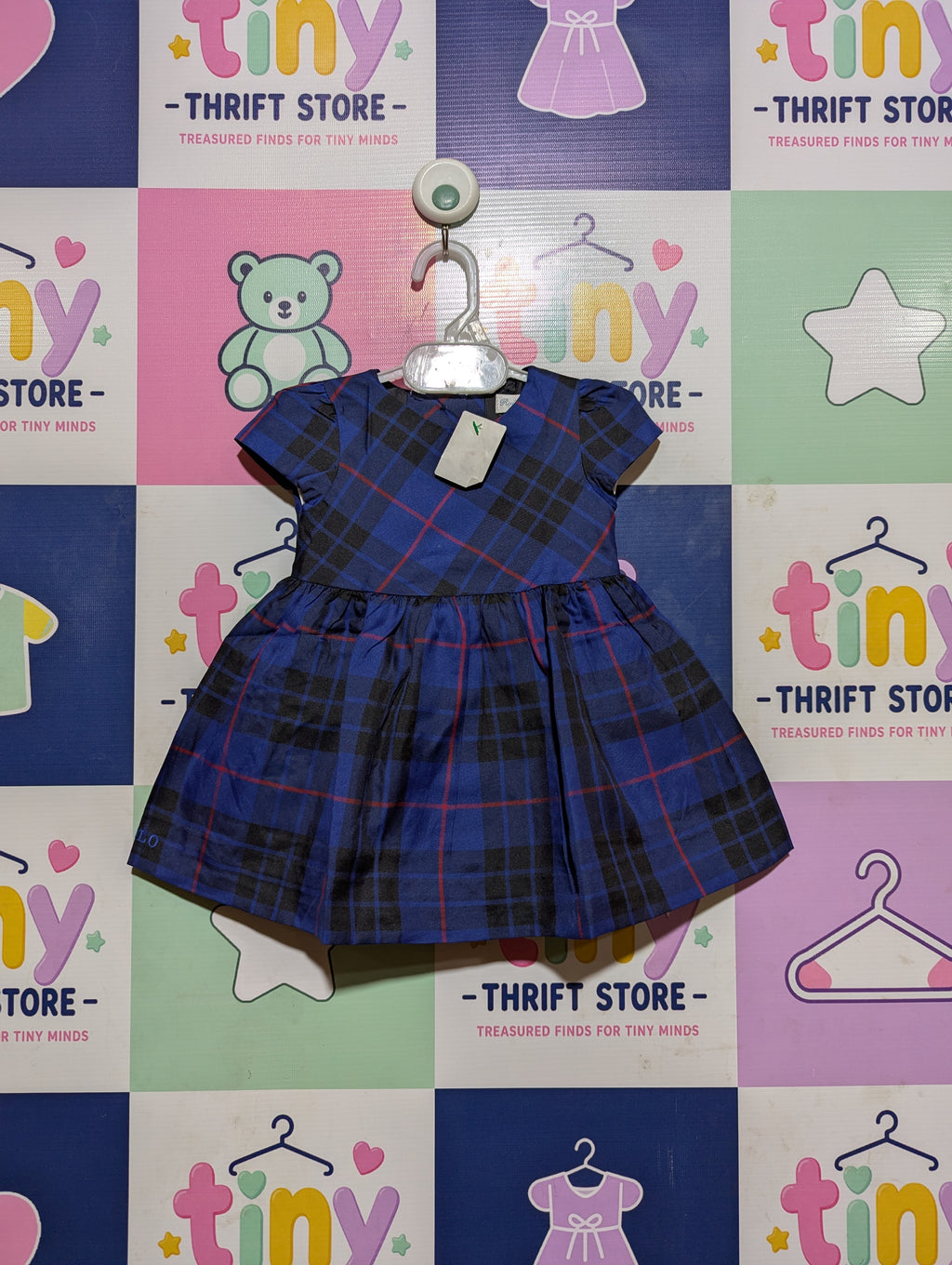 Ralph Lauren Baby Girls Blue & Black Tartan Plaid Dress - Size Estimated Age 3 Months AB2