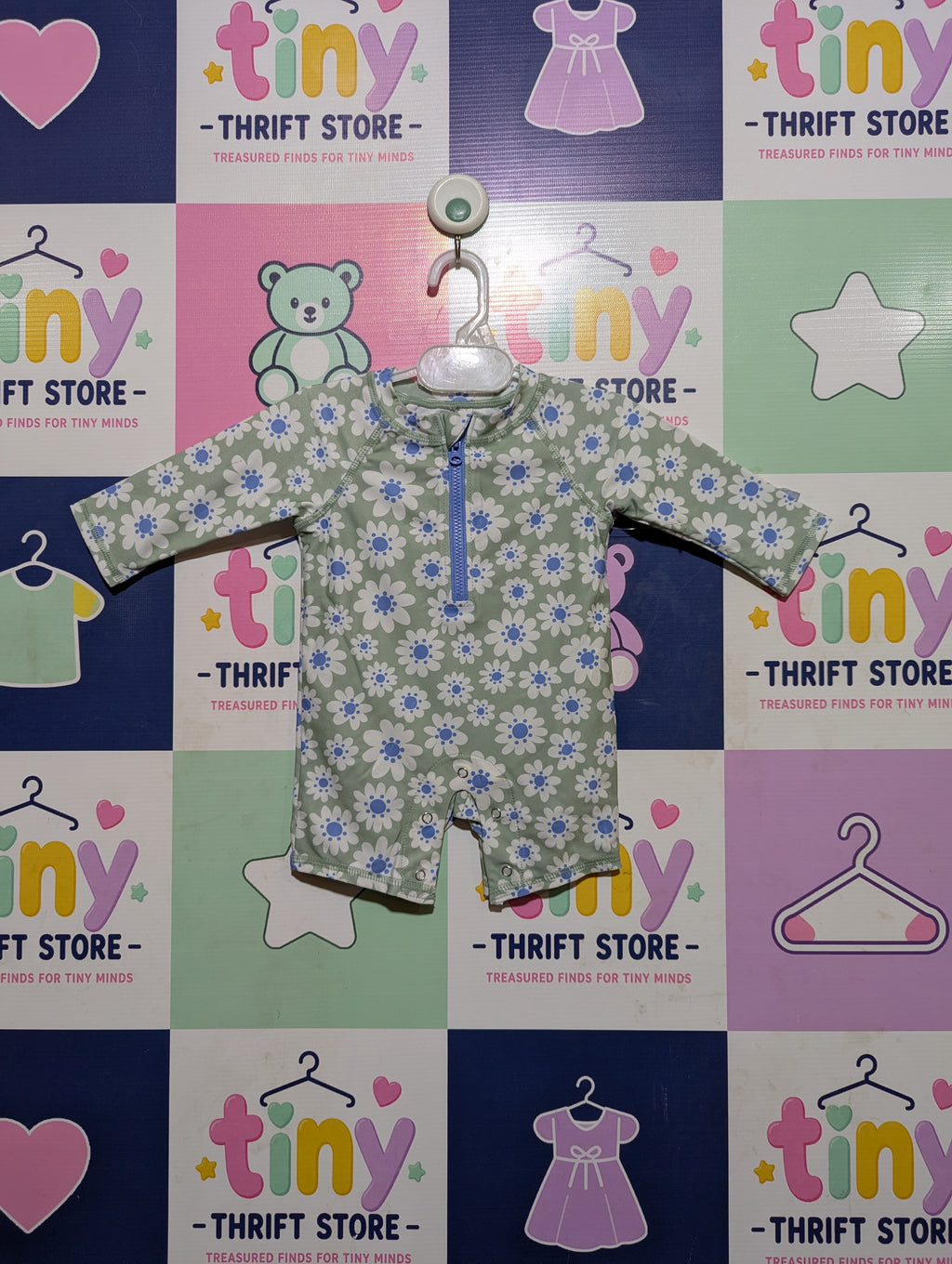 Wonder Nation Baby Girls Sage Green Floral Print Long Sleeve Rash Guard Swimsuit - Size Estimated Age 0-3 Months AB2