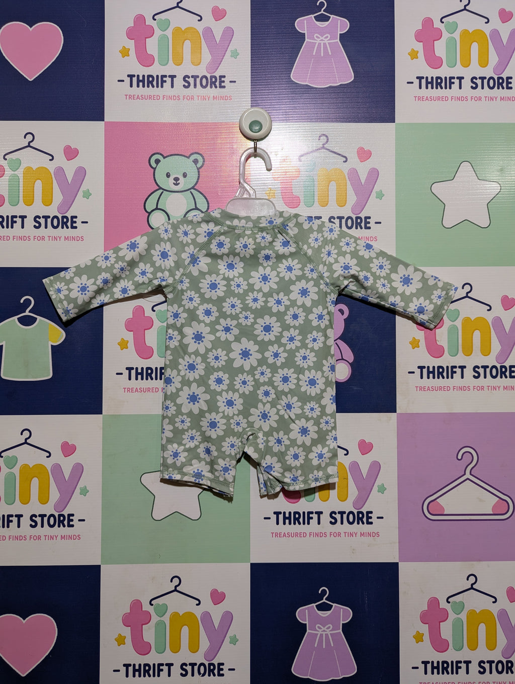 Wonder Nation Baby Girls Sage Green Floral Print Long Sleeve Rash Guard Swimsuit - Size Estimated Age 0-3 Months AB2