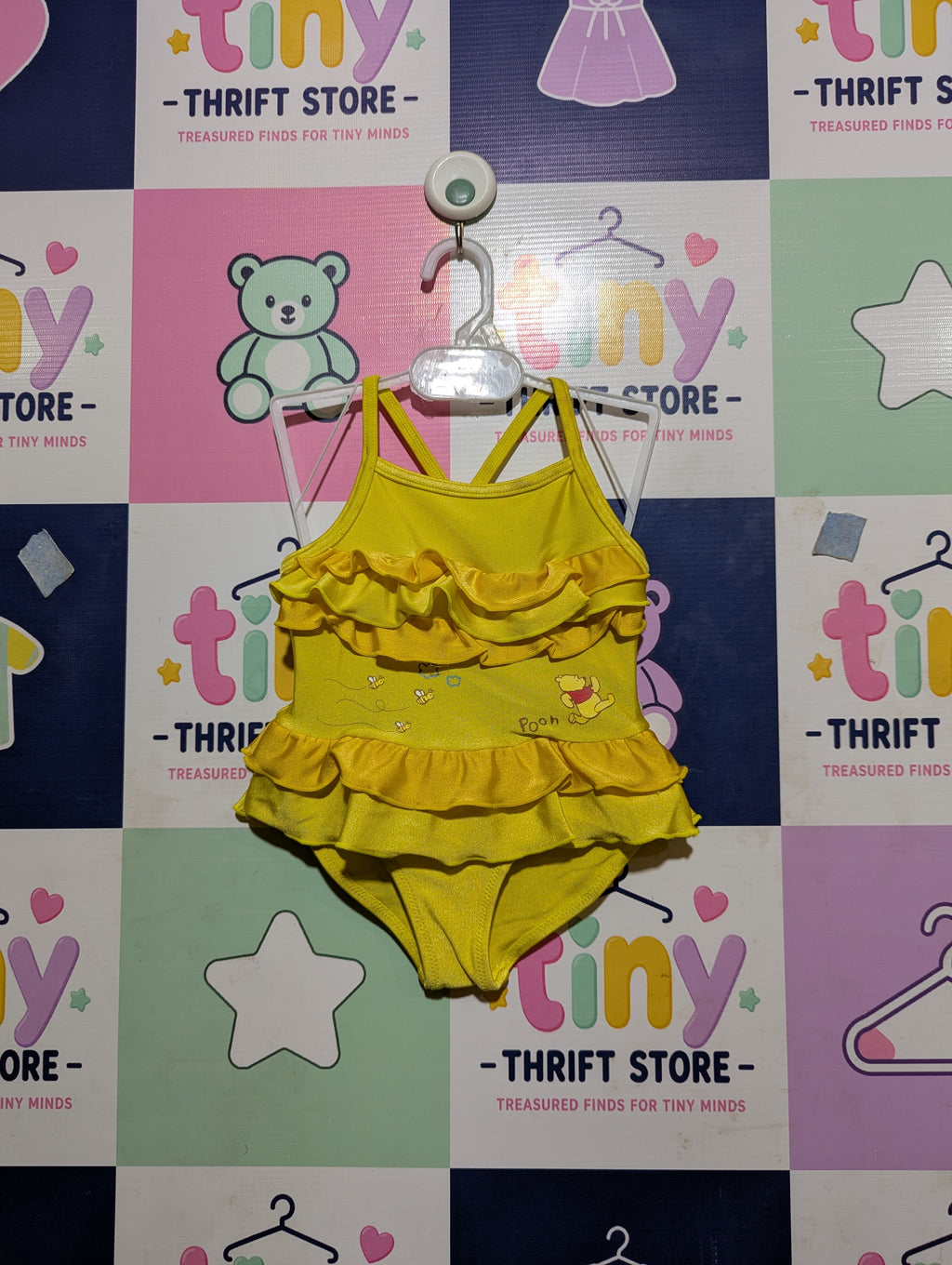 Disney Baby Girls Bright Yellow Winnie the Pooh Ruffle Swimsuit - Size Estimated Age 2 Years AB2