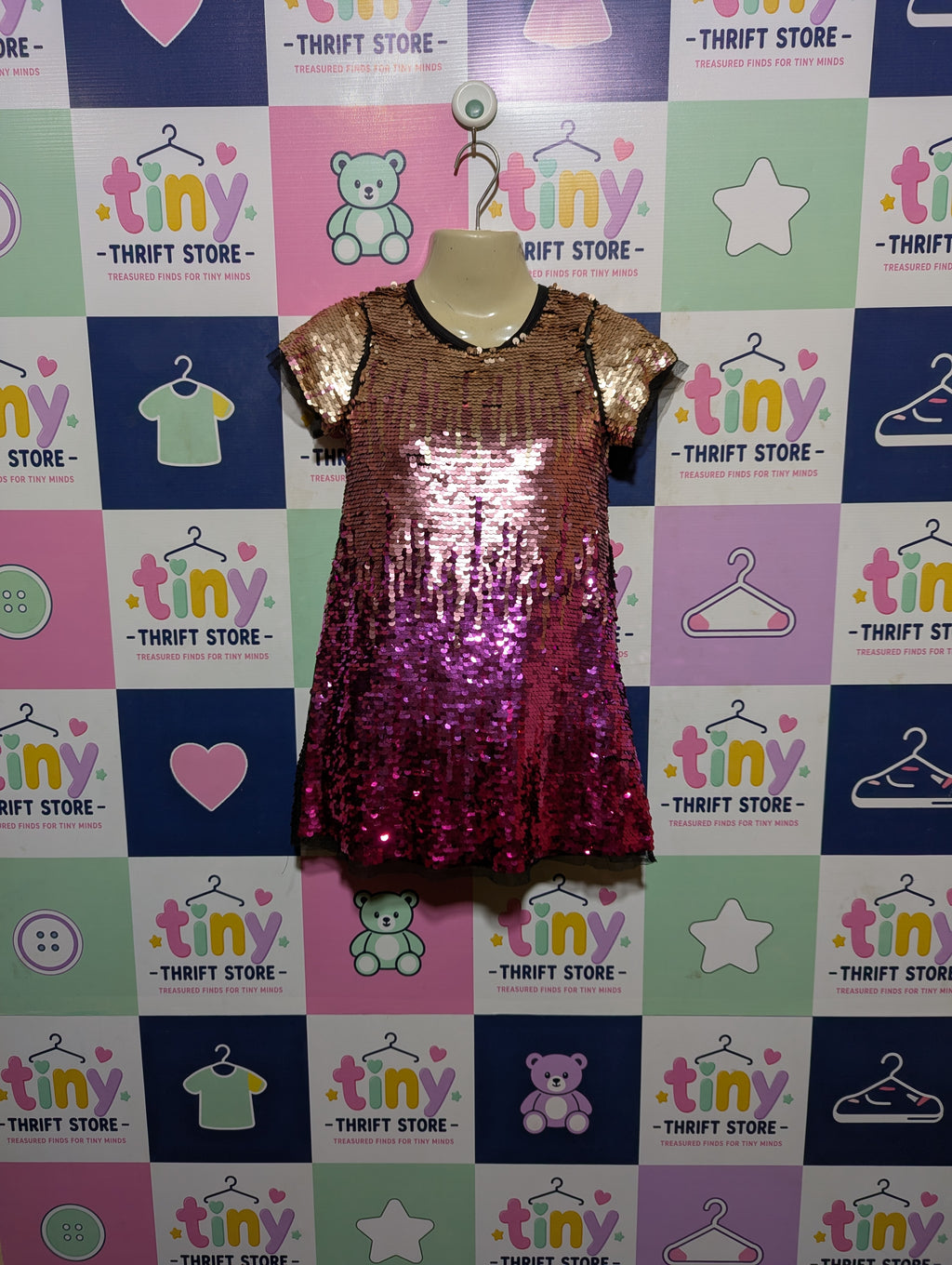PRIMARK Premium Girls Gold to Magenta Ombre Sequin Party Dress - Size 5-6Y Estimated Age 5-6 Years AB2