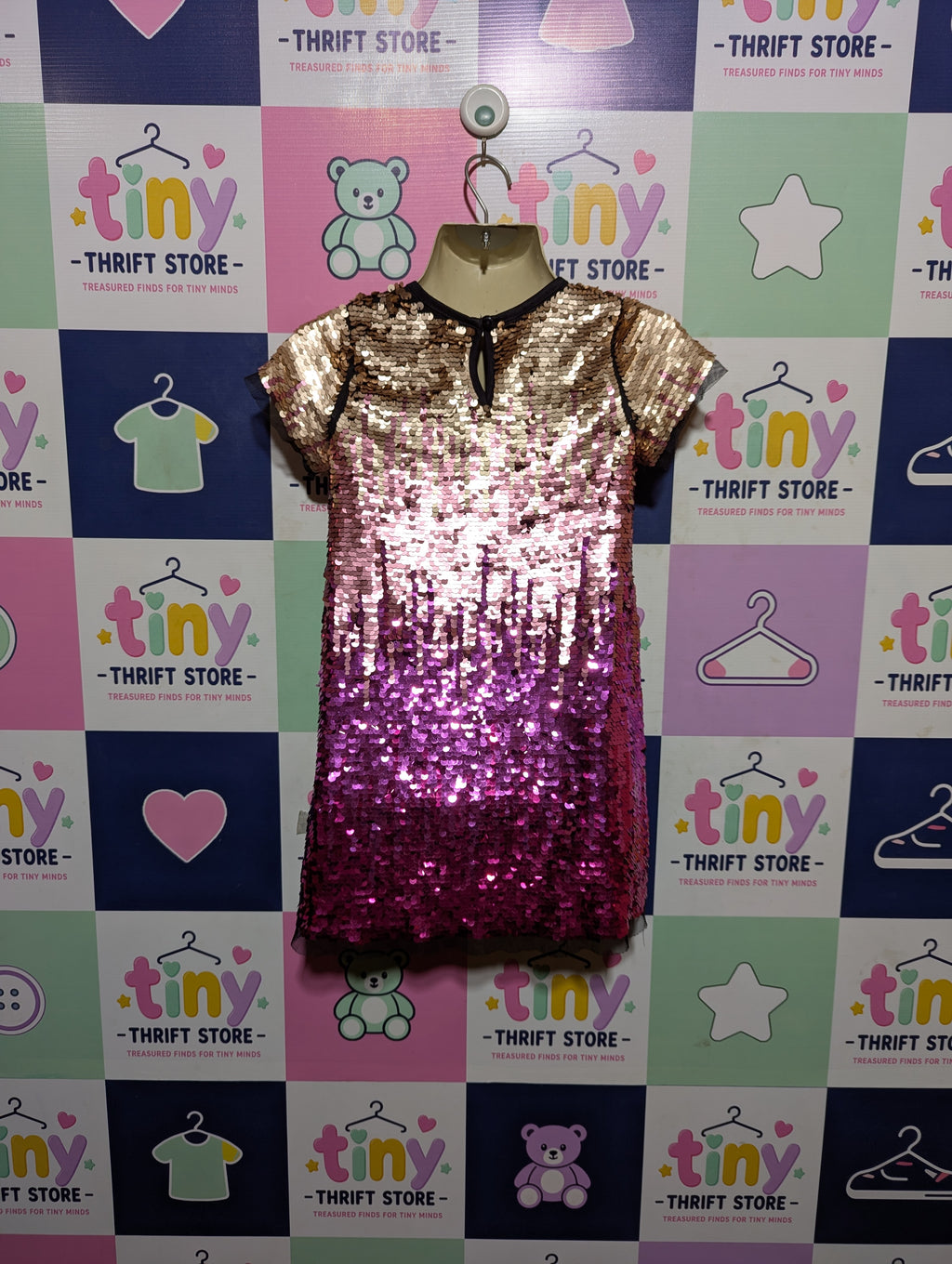 PRIMARK Premium Girls Gold to Magenta Ombre Sequin Party Dress - Size 5-6Y Estimated Age 5-6 Years AB2