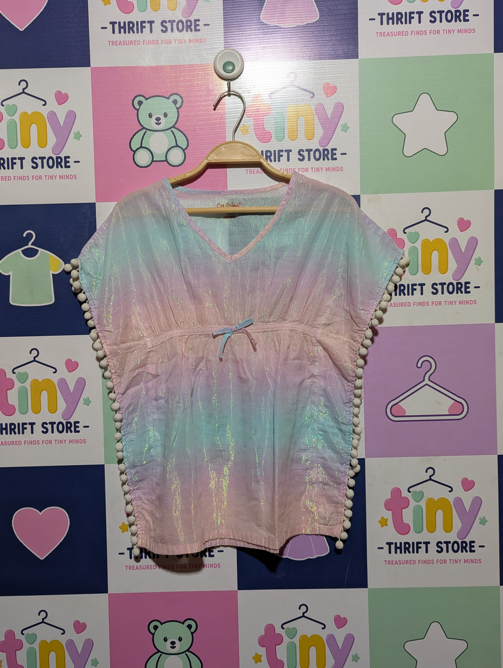 CAT & JACK Girls Pastel Ombre Shimmer Pom-Pom Tunic Top - Size XS (4/5) Estimated Age 4-5Y AB2