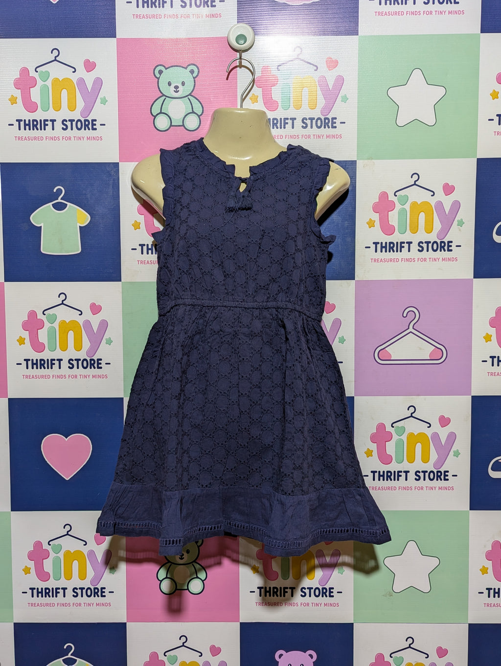COTTON ON KIDS Girls Navy Blue Eyelet Embroidered Ruffle Dress - Size 6 Estimated Age 6 Years AB2