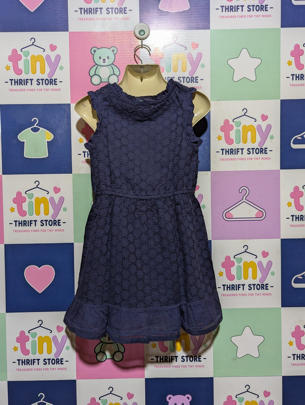 COTTON ON KIDS Girls Navy Blue Eyelet Embroidered Ruffle Dress - Size 6 Estimated Age 6 Years AB2