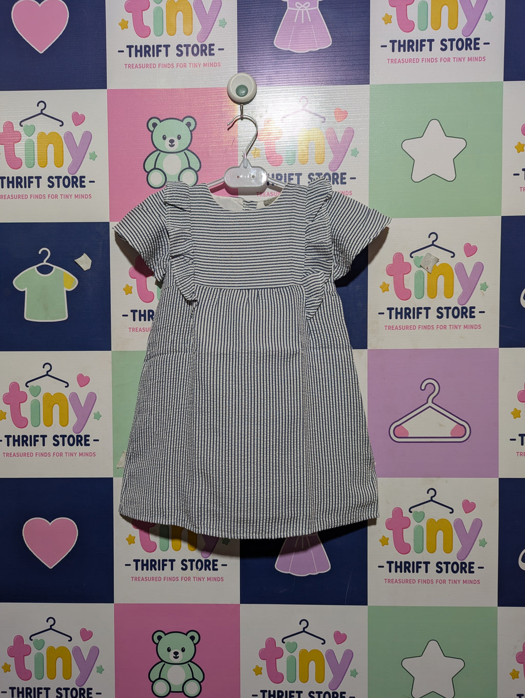 Primark Girls Blue & White Striped Seersucker Ruffle Dress - Size 18-24M Estimated Age 1.5-2 Years AB2