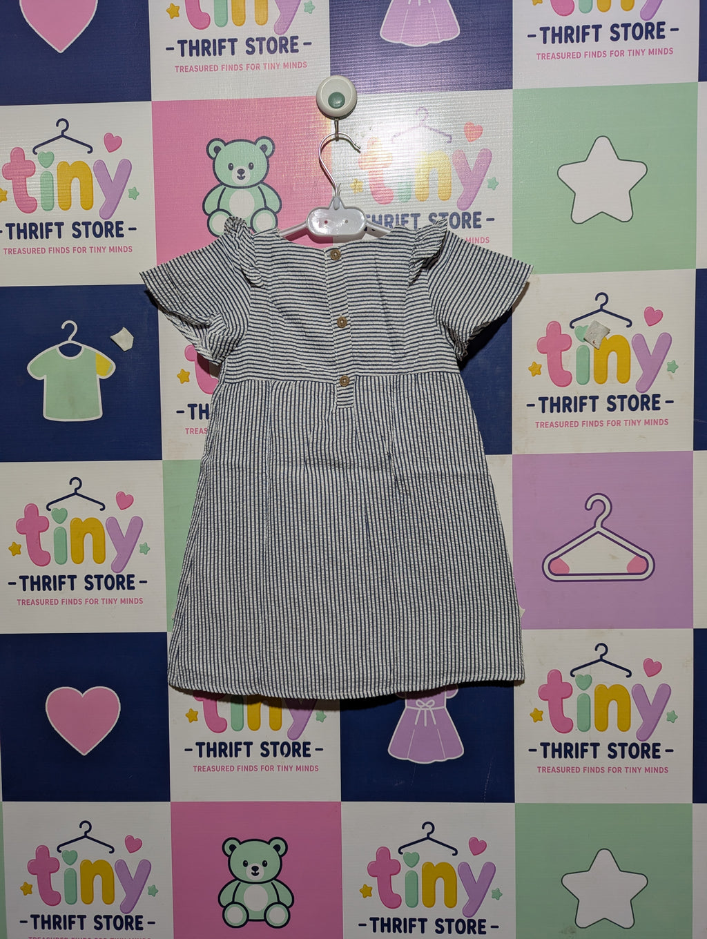 Primark Girls Blue & White Striped Seersucker Ruffle Dress - Size 18-24M Estimated Age 1.5-2 Years AB2