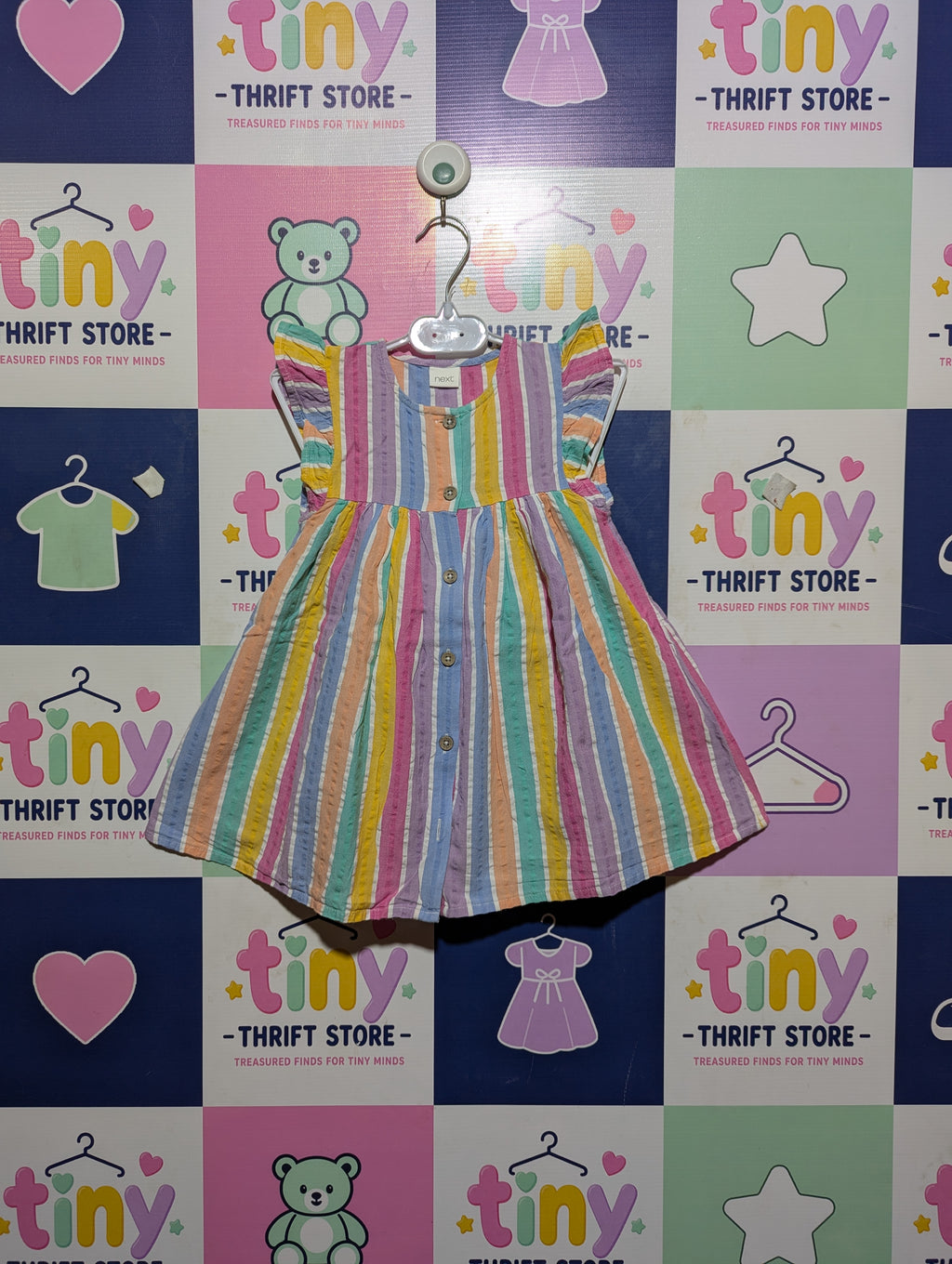 Next Girls Multi-Color Pastel Striped Seersucker Ruffle Dress - Size 12-18M Estimated Age 1-1.5 Years AB2