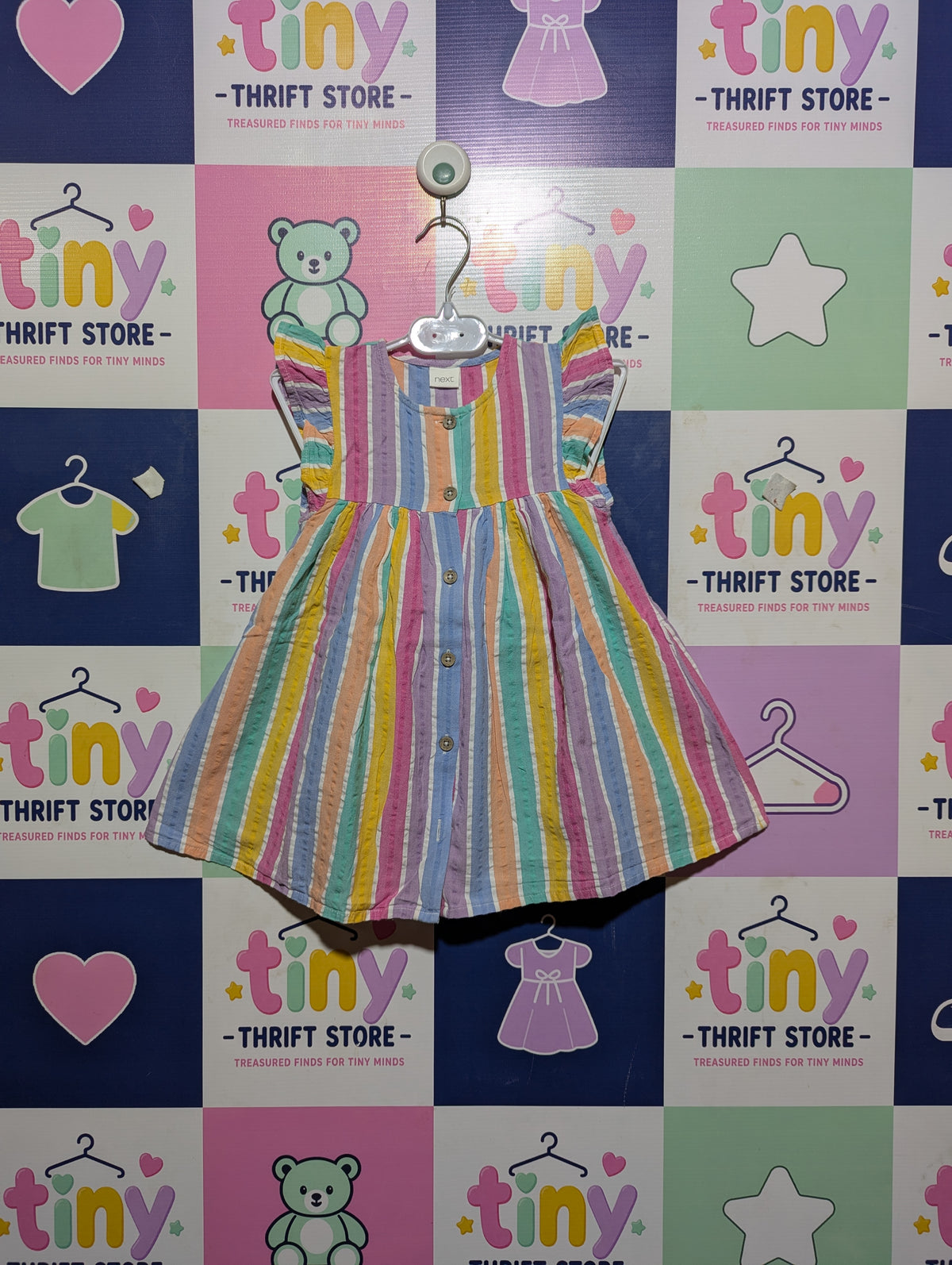 Next Girls Multi-Color Pastel Striped Seersucker Ruffle Dress - Size 12-18M Estimated Age 1-1.5 Years AB2