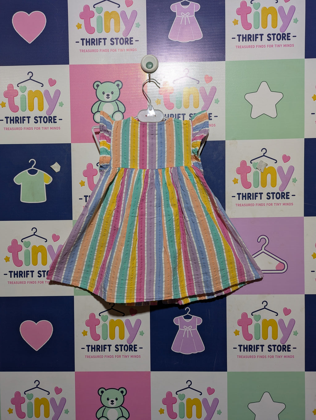 Next Girls Multi-Color Pastel Striped Seersucker Ruffle Dress - Size 12-18M Estimated Age 1-1.5 Years AB2