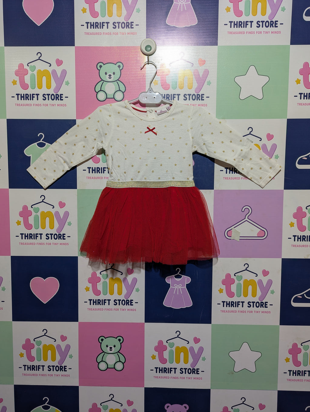 Pommette Girls Off-White & Red Star-Print Long-Sleeve Tulle Dress - Size 24M Estimated Age 1.5-2 Years AB2