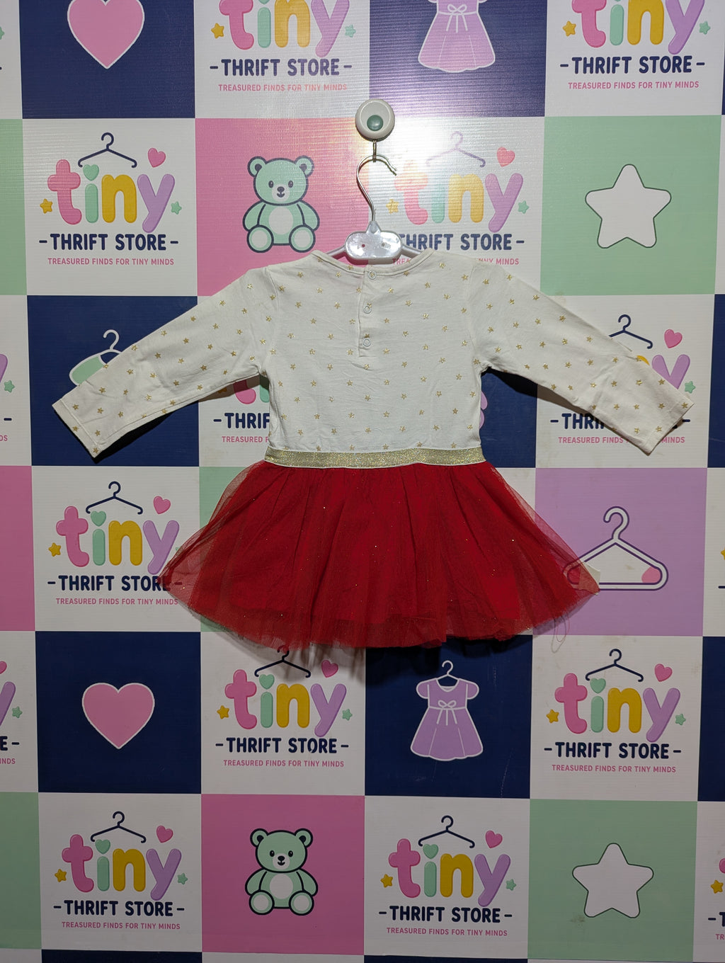 Pommette Girls Off-White & Red Star-Print Long-Sleeve Tulle Dress - Size 24M Estimated Age 1.5-2 Years AB2