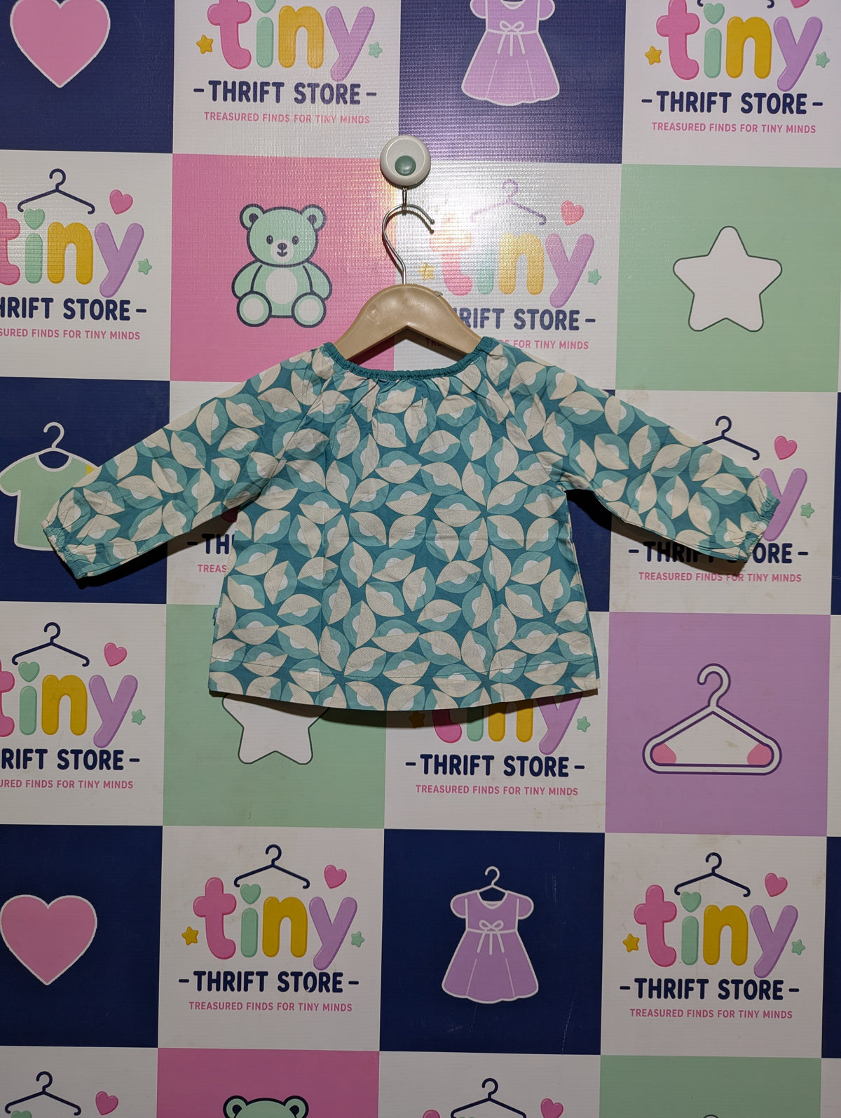 Obaïbi Girls Teal & White Leaf-Print Long-Sleeve Top - Size 12M Estimated Age 1 Year AB2