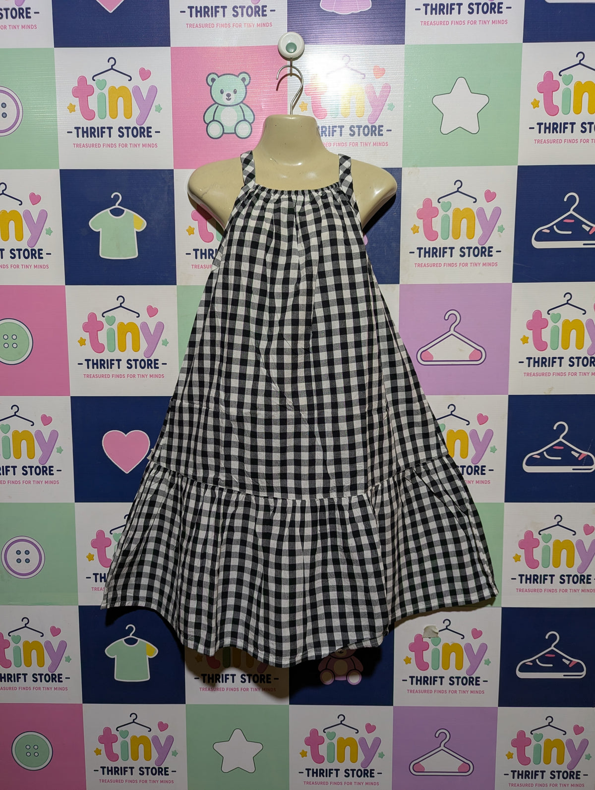 George Girls Black and White Gingham Tiered Dress - Size Estimated Age 6-7 Years AB2