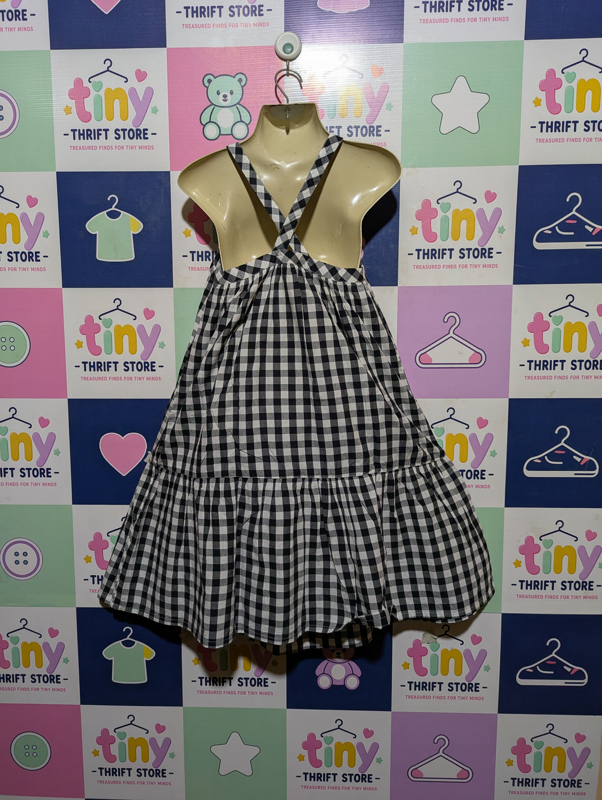 George Girls Black and White Gingham Tiered Dress - Size Estimated Age 6-7 Years AB2