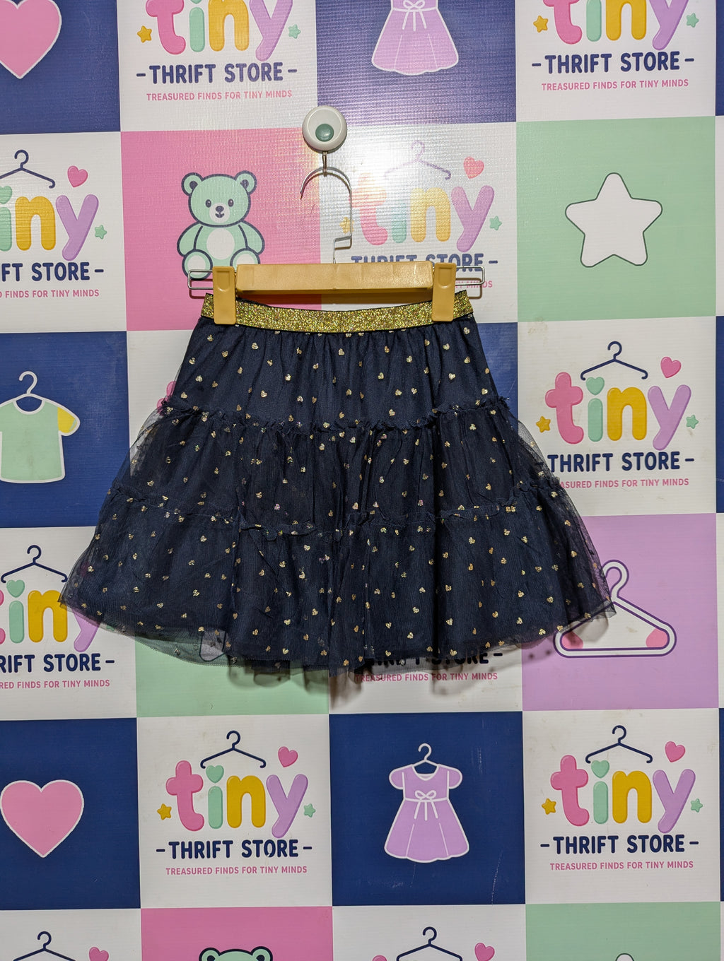 Fashion Private Company Girls Navy Blue Gold Heart Tulle Skirt - Size Estimated Age 8 Years AB2