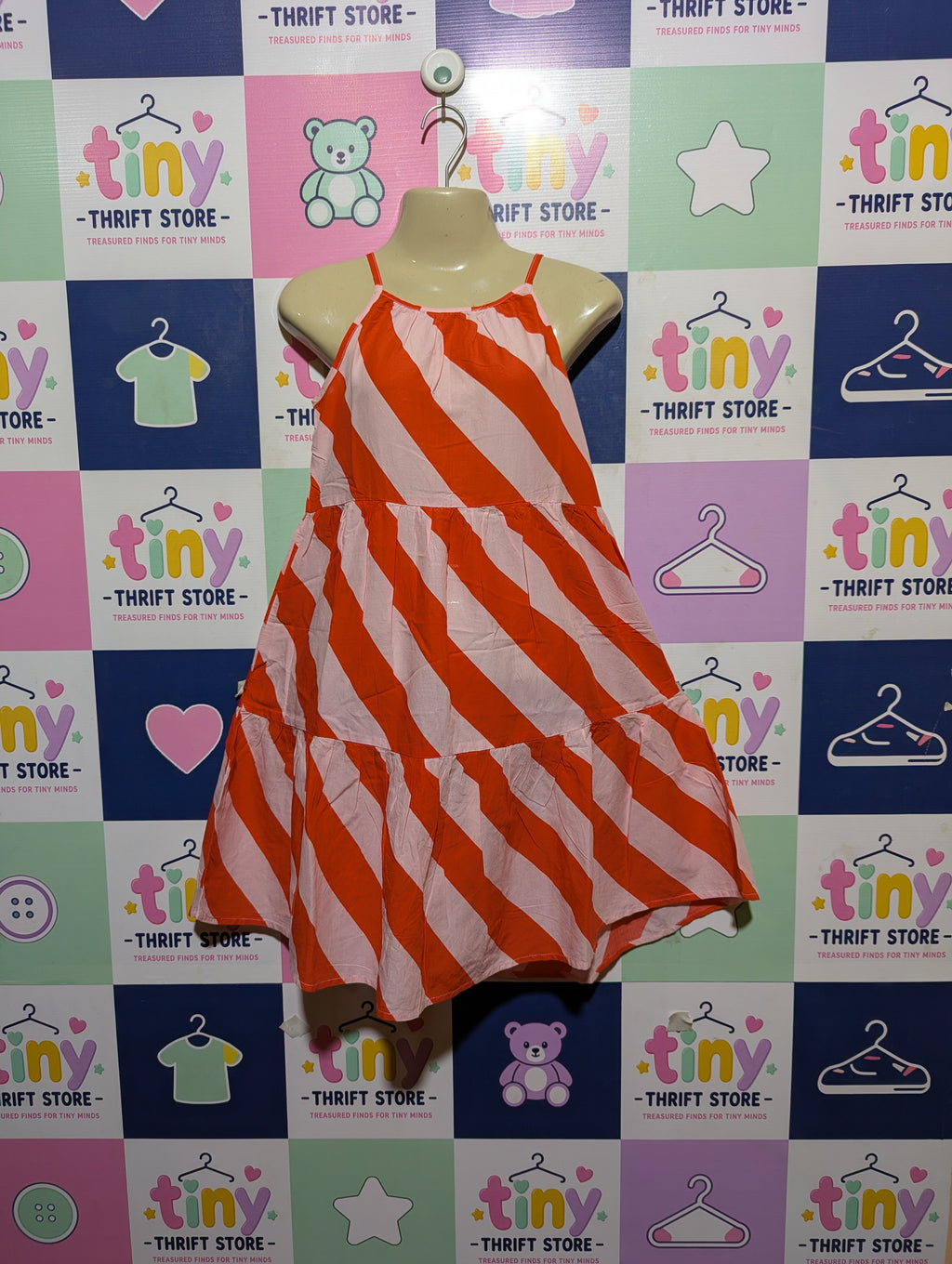 H&M Girls Orange and Pink Striped Tiered Dress - Size Estimated Age 7-8 Years AB2