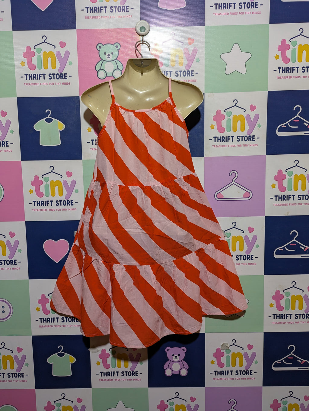 H&M Girls Orange and Pink Striped Tiered Dress - Size Estimated Age 7-8 Years AB2