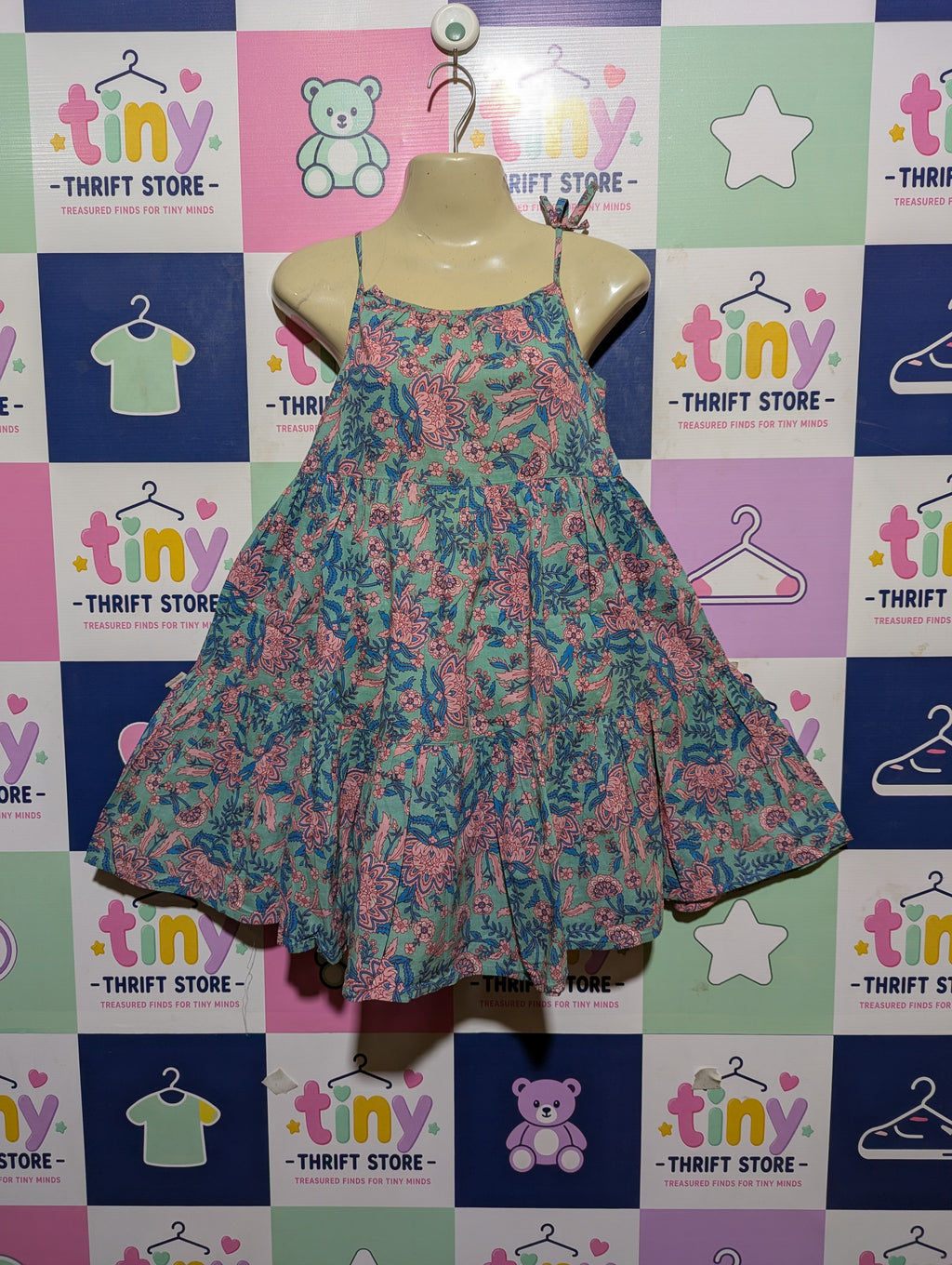 NEXT Girls Green Floral Block Print Tiered Sundress - Size Estimated Age 6-7 Years AB2