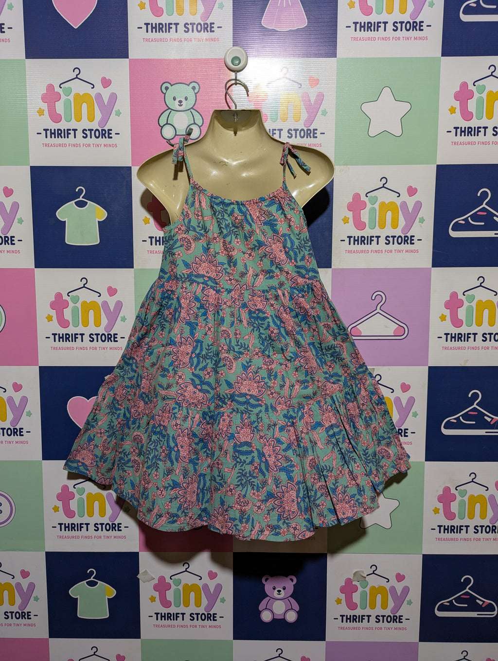 NEXT Girls Green Floral Block Print Tiered Sundress - Size Estimated Age 6-7 Years AB2