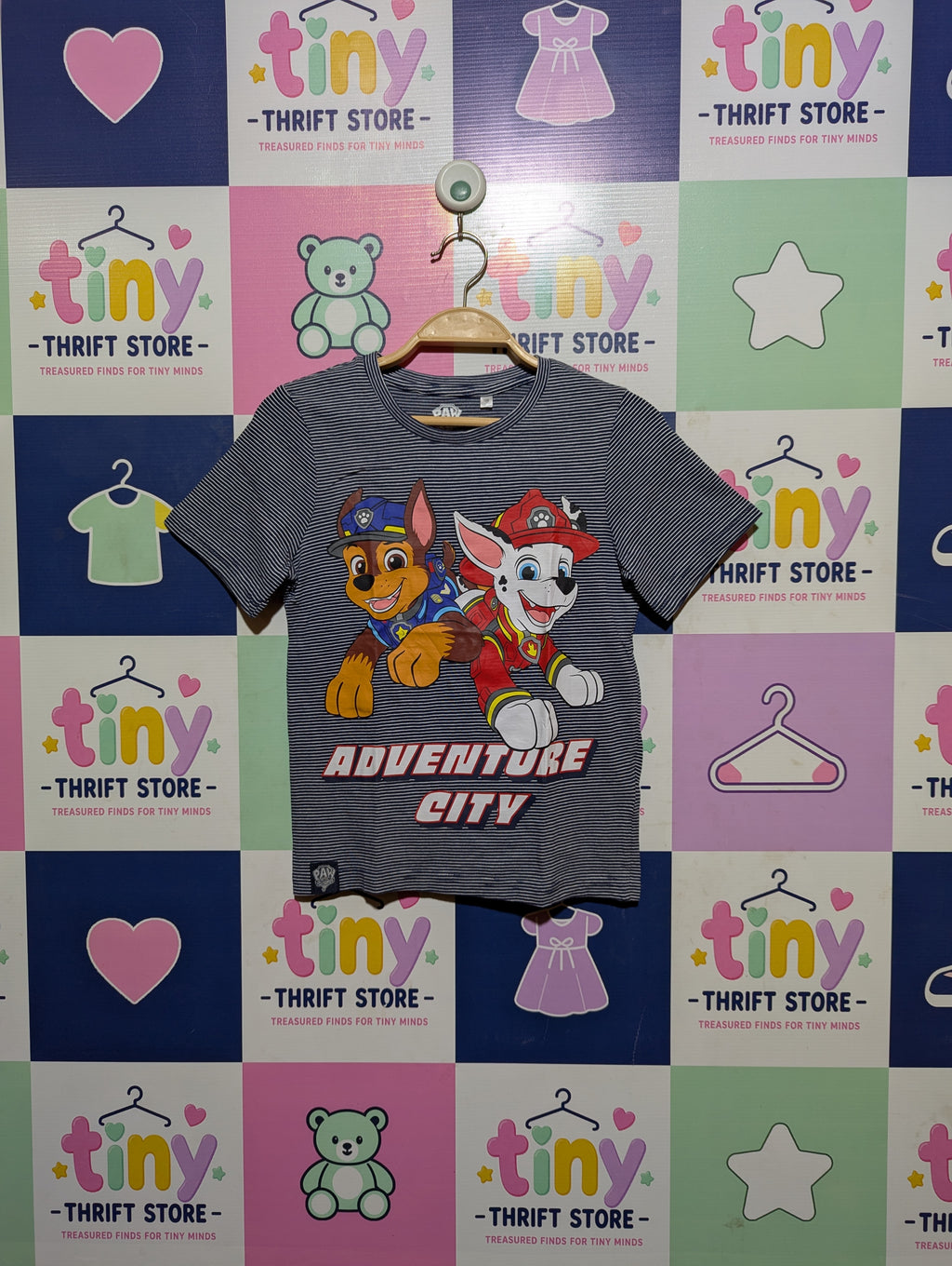 Paw Patrol Boys Navy Blue Striped "Adventure City" Short Sleeve Tee - Size 128 cm Estimated Age 7-8 Years AB2
