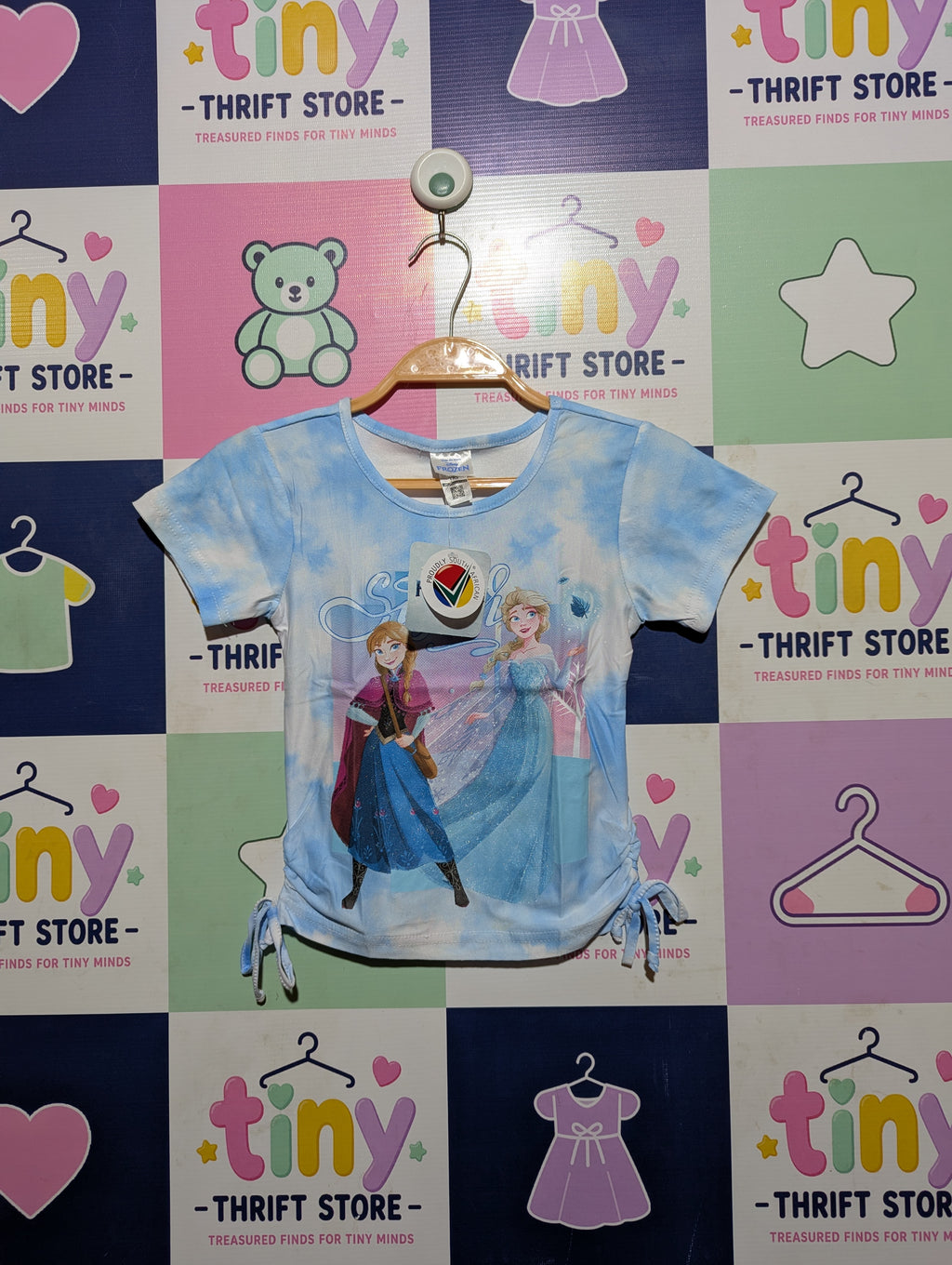 Disney Frozen Girls Sky Blue Tie-Dye "Anna and Elsa" Short Sleeve Tee - Size 6-7 Yrs (122 cm) Estimated Age 6-7 Years AB2