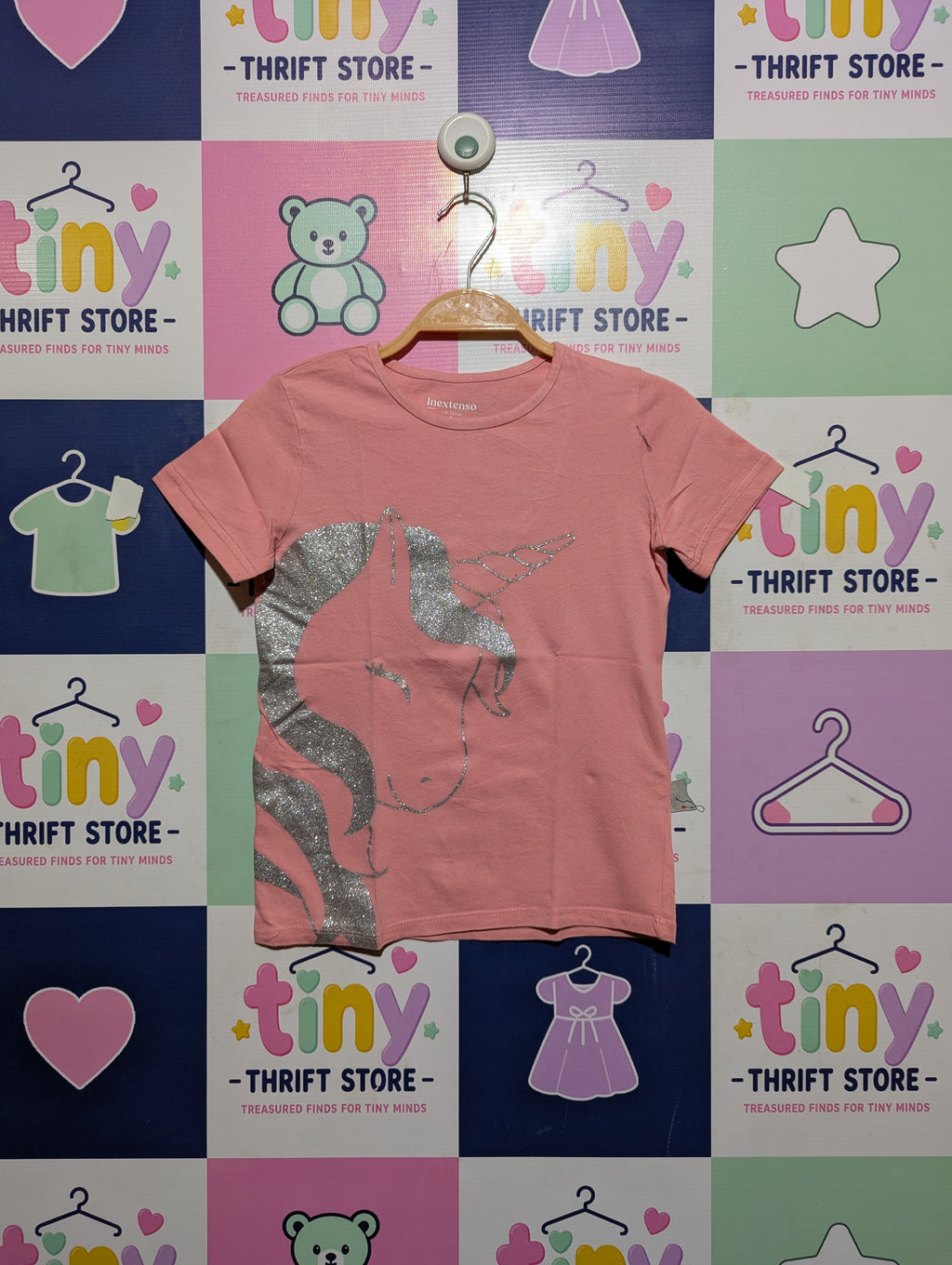 Inextenso Girls Pink Glitter Unicorn Graphic Short Sleeve Tee - Size 8 (119-131 CM) Estimated Age 8 Years AB2
