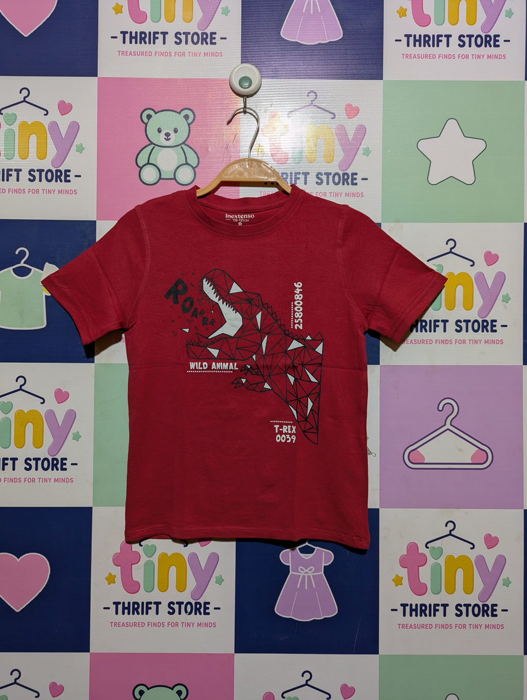 Inextenso Boys Crimson Red "Wild Animal T-Rex" Graphic Short Sleeve Tee - Size 8 (119-131 CM) Estimated Age 8 Years AB2