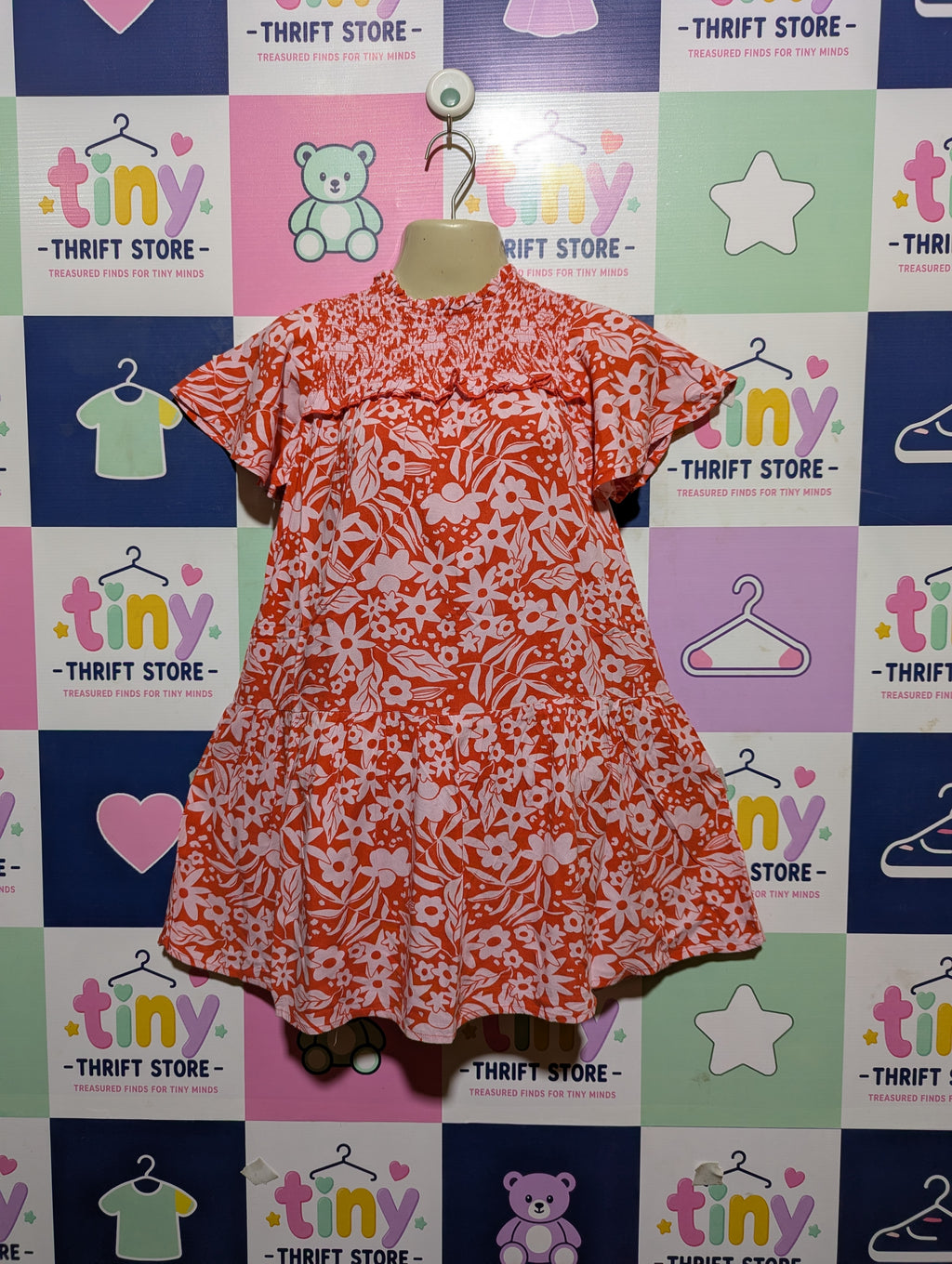 Next Girls Red & Pink Floral Smocked Tiered Dress - Size 9-10 Years Estimated Age 9-10 Years AB2