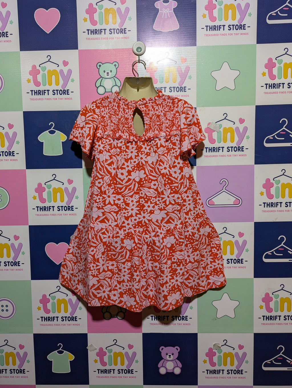 Next Girls Red & Pink Floral Smocked Tiered Dress - Size 9-10 Years Estimated Age 9-10 Years AB2