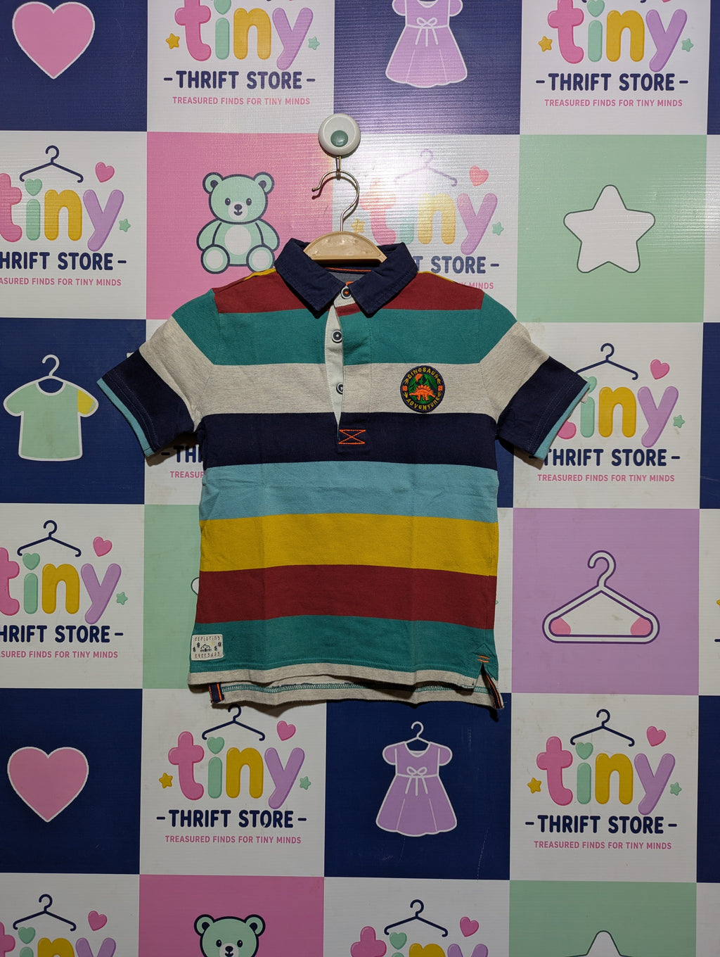 F&F Boys Multicolor Bold Stripe "Dinosaur Adventure" Short Sleeve Polo Shirt - Size Estimated Age 5-6 Years AB2