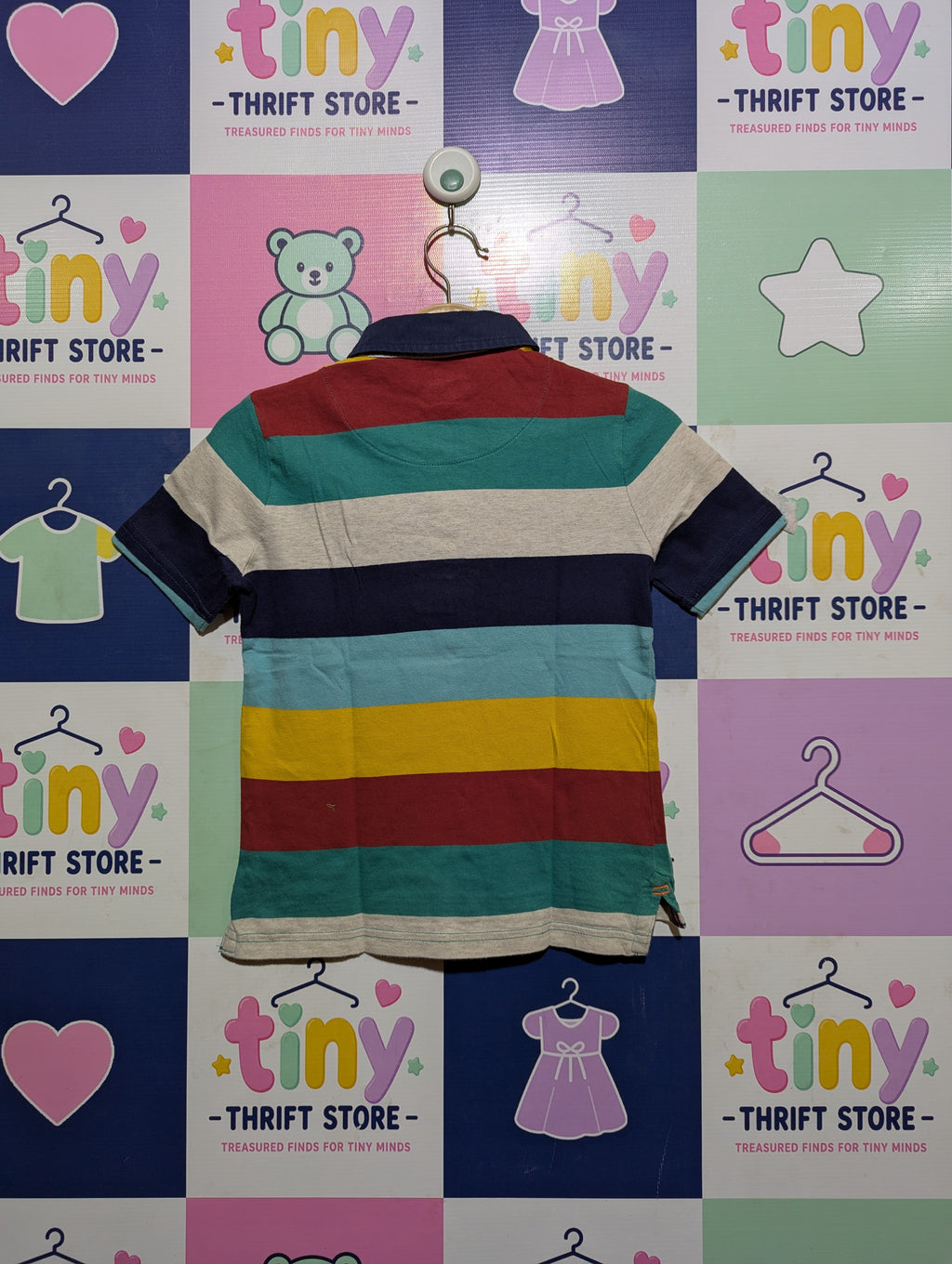 F&F Boys Multicolor Bold Stripe "Dinosaur Adventure" Short Sleeve Polo Shirt - Size Estimated Age 5-6 Years AB2